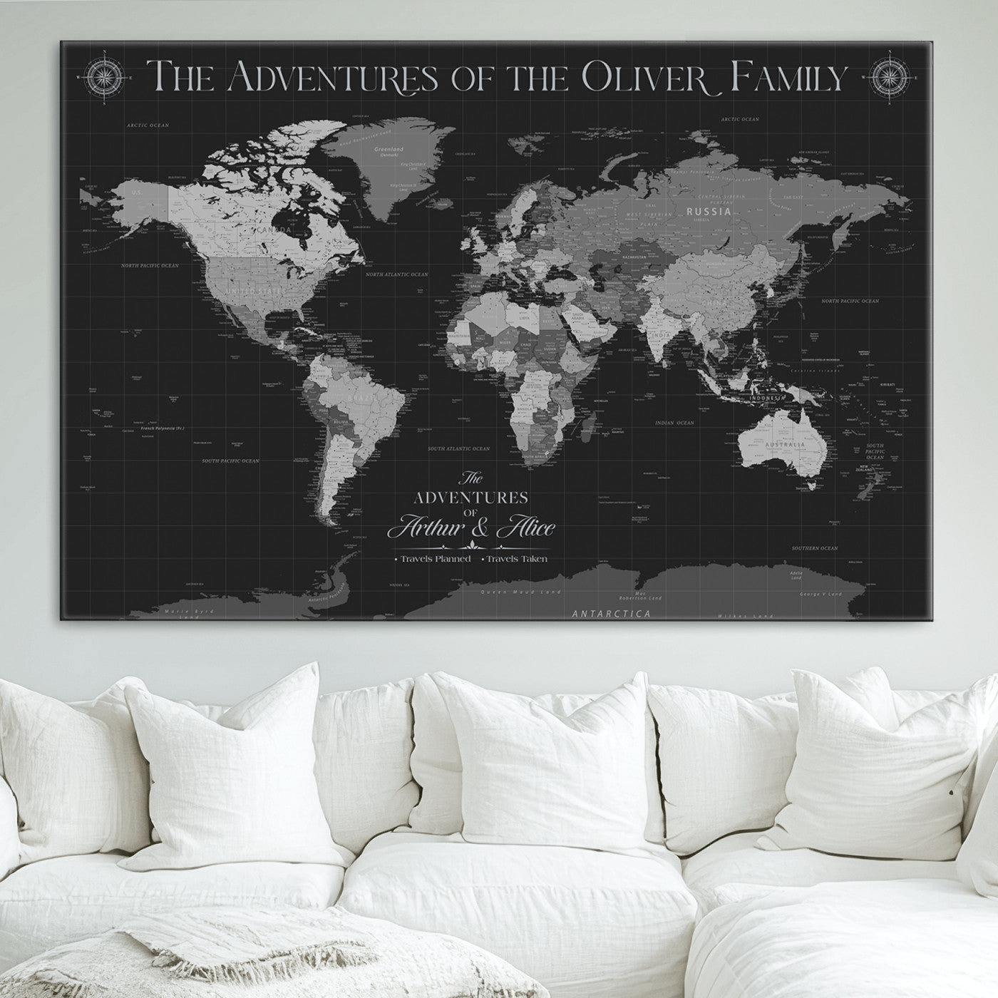 -Personalized Family World Map Canvas – Custom Framed Push Pin Travel Tracker, Modern Adventure Wall Art for Home, Office