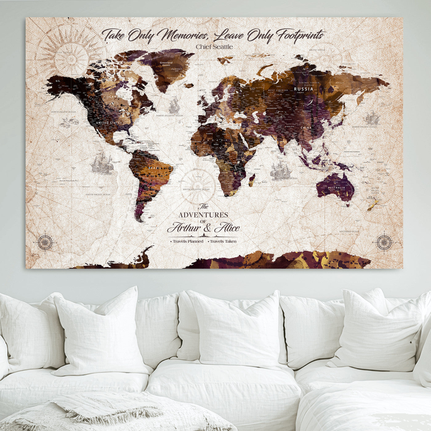-Personalized World Map Canvas – Custom Framed Push Pin Travel Tracker, Elegant Wall Art Gift for Couples for Home, Office