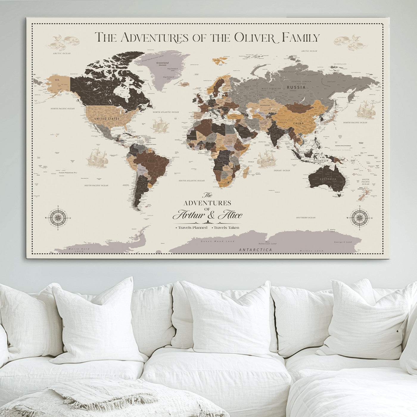 -Personalized Family Adventure World Map Canvas – Custom Framed Push Pin Travel Tracker, Wall Art Gift for Home, Office