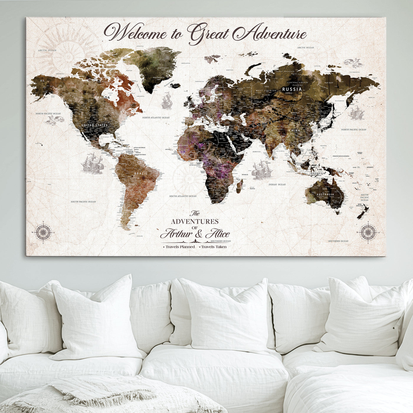 -Personalized World Map Canvas Custom Framed Push Pin Travel Tracker Vintage Adventure Wall Art Gift Couples Travelers Home, Office