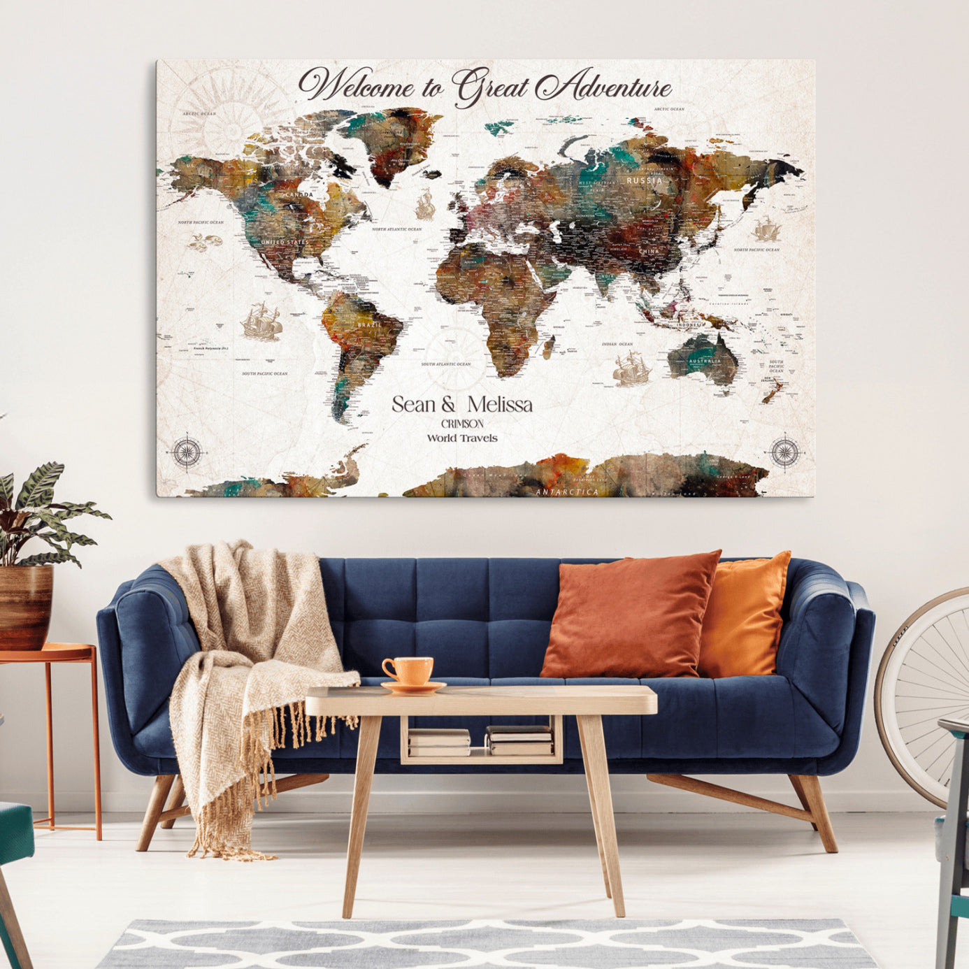 92462592-MGV-CV-36X24-Personalized World Map Canvas Custom Framed Push Pin Travel Tracker Vintage Adventure Wall Art Gift Couples Travelers Home, Office