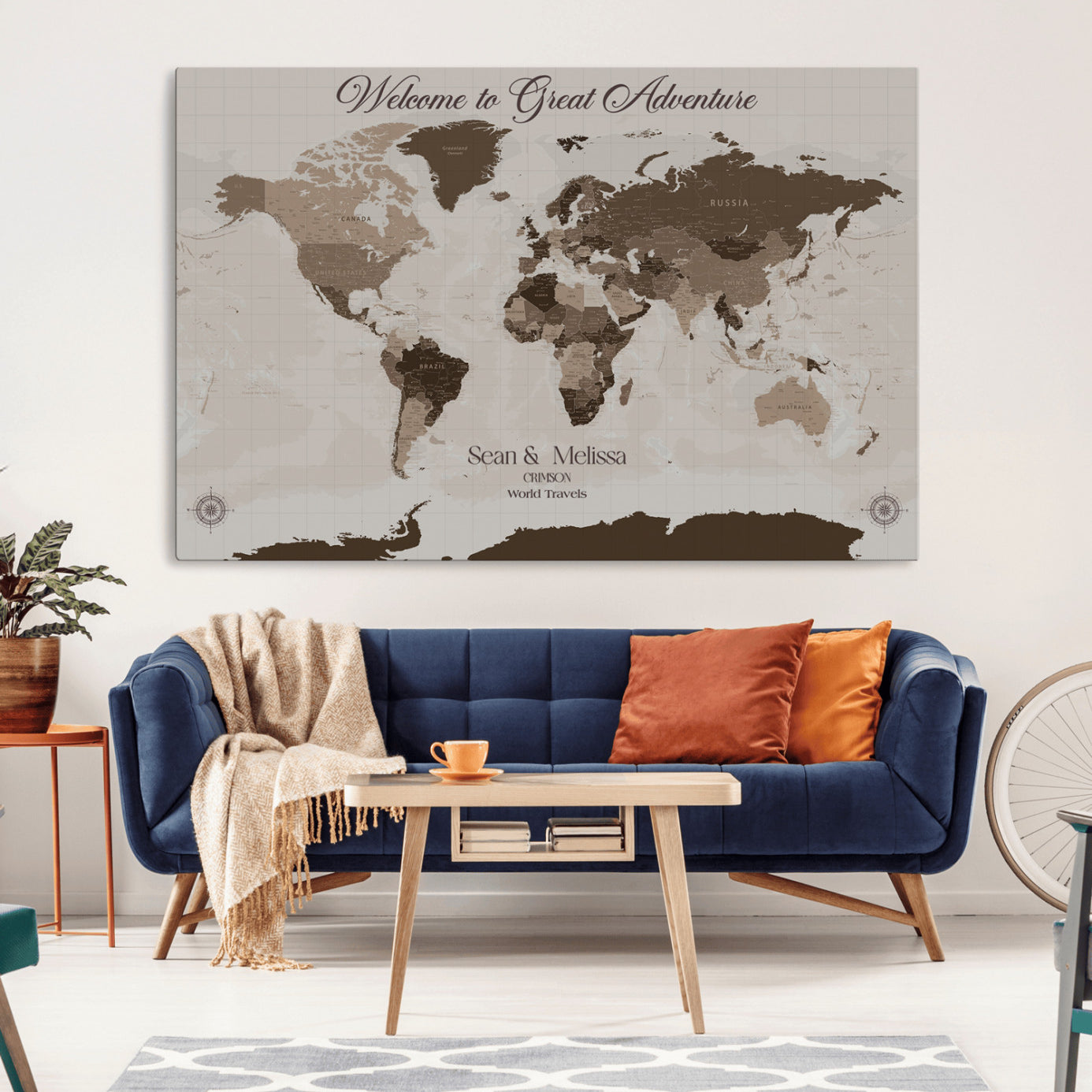 Rehber01-MGV-CV-36X24-Custom Push Pin World Map Wall Art Canvas Print – Personalized Travel Tracker with Pins Framed Large for home, office
