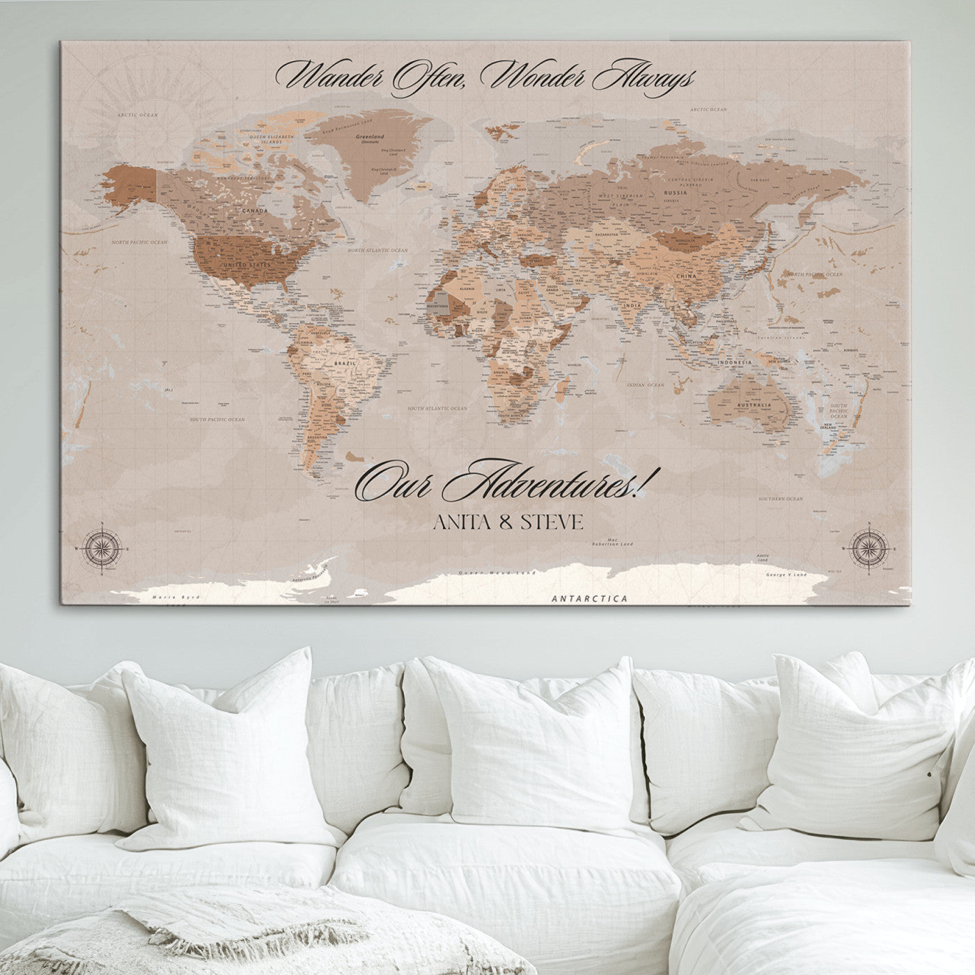 -Personalized World Map Canvas Custom Framed Push Pin Travel Tracker Elegant Neutral Wall Art Gift Couples Travelers for Home, Office