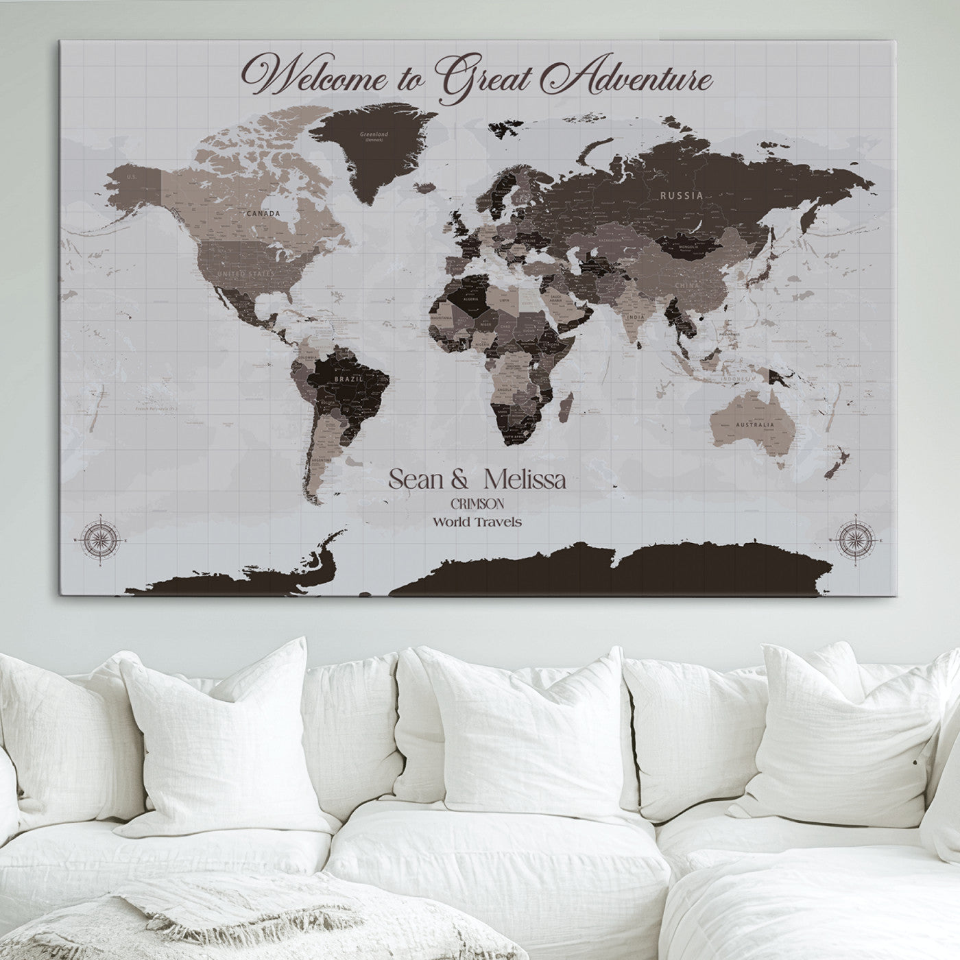 -Personalized Gray Brown World Map Canvas Custom Framed Push Pin Travel Tracker Modern Neutral Wall Art Gift Couples for Home, Office