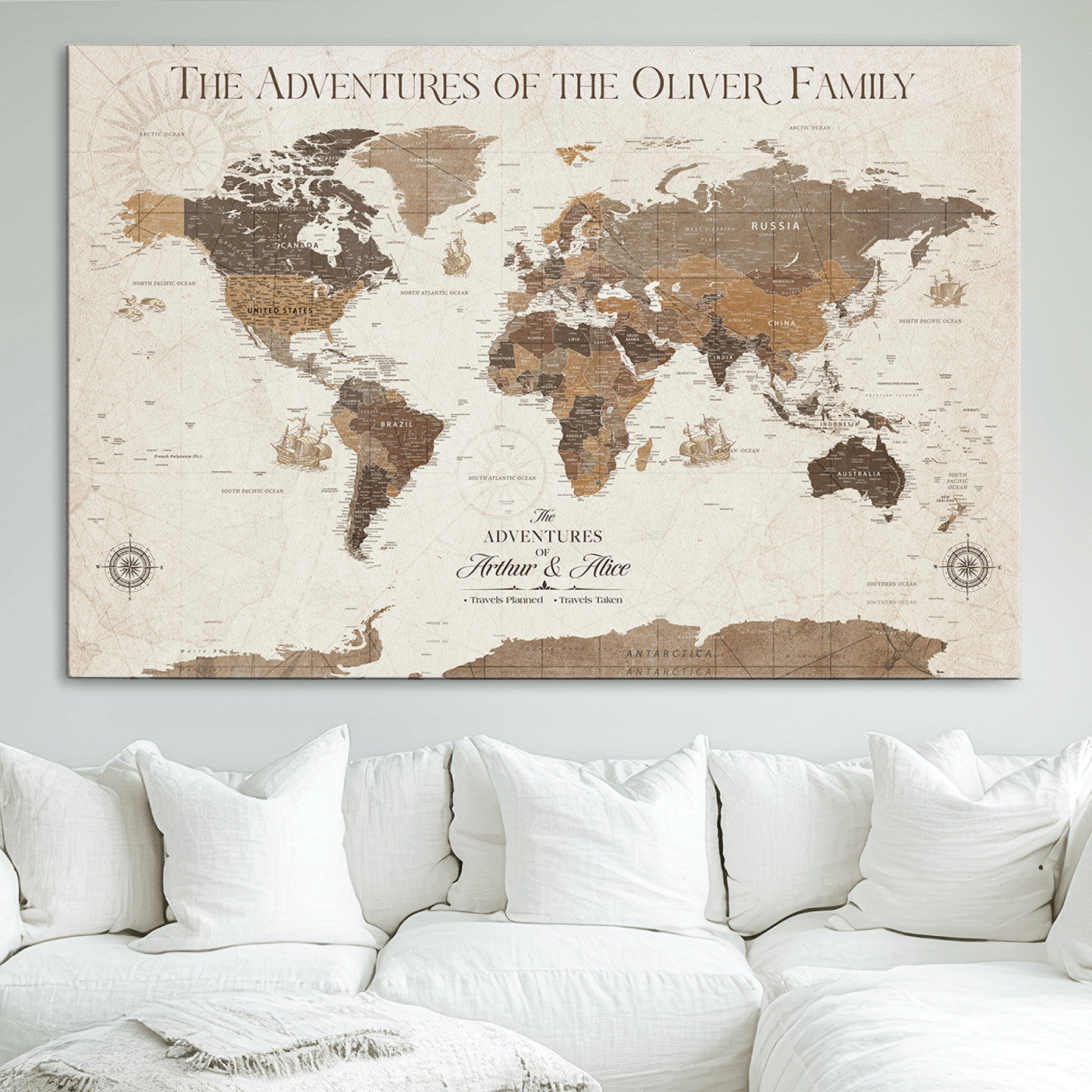84483613-MGV-CV-40X27-Personalized Push Pin World Map Canvas Print Custom Family Travel Tracker Map Framed Adventure Gift for Couples Home Office