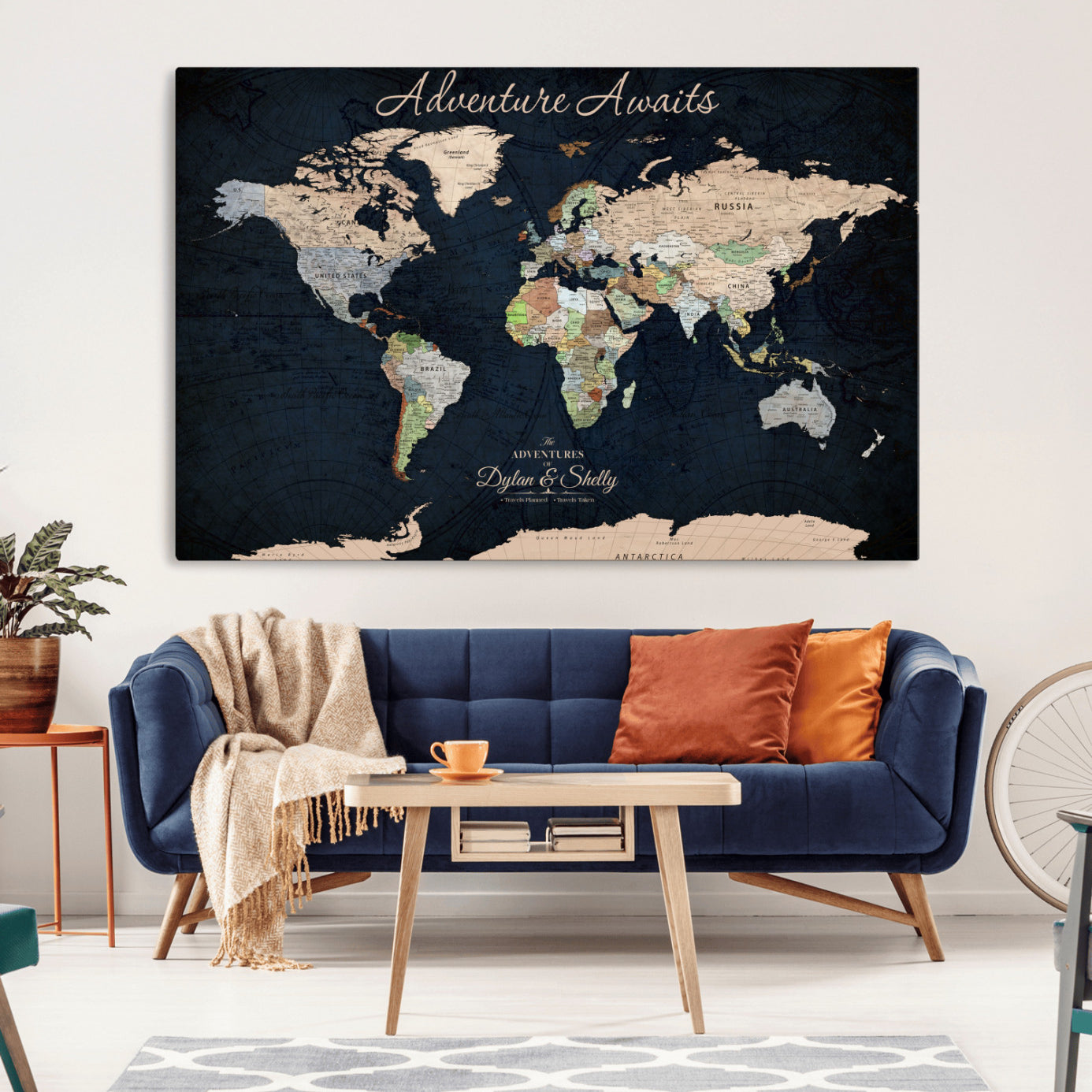 Rehber01-MGV-CV-36X24-Personalized World Map Canvas Print – Framed Push Pin Travel Wall Art for Couples – Adventure & Anniversary Gift