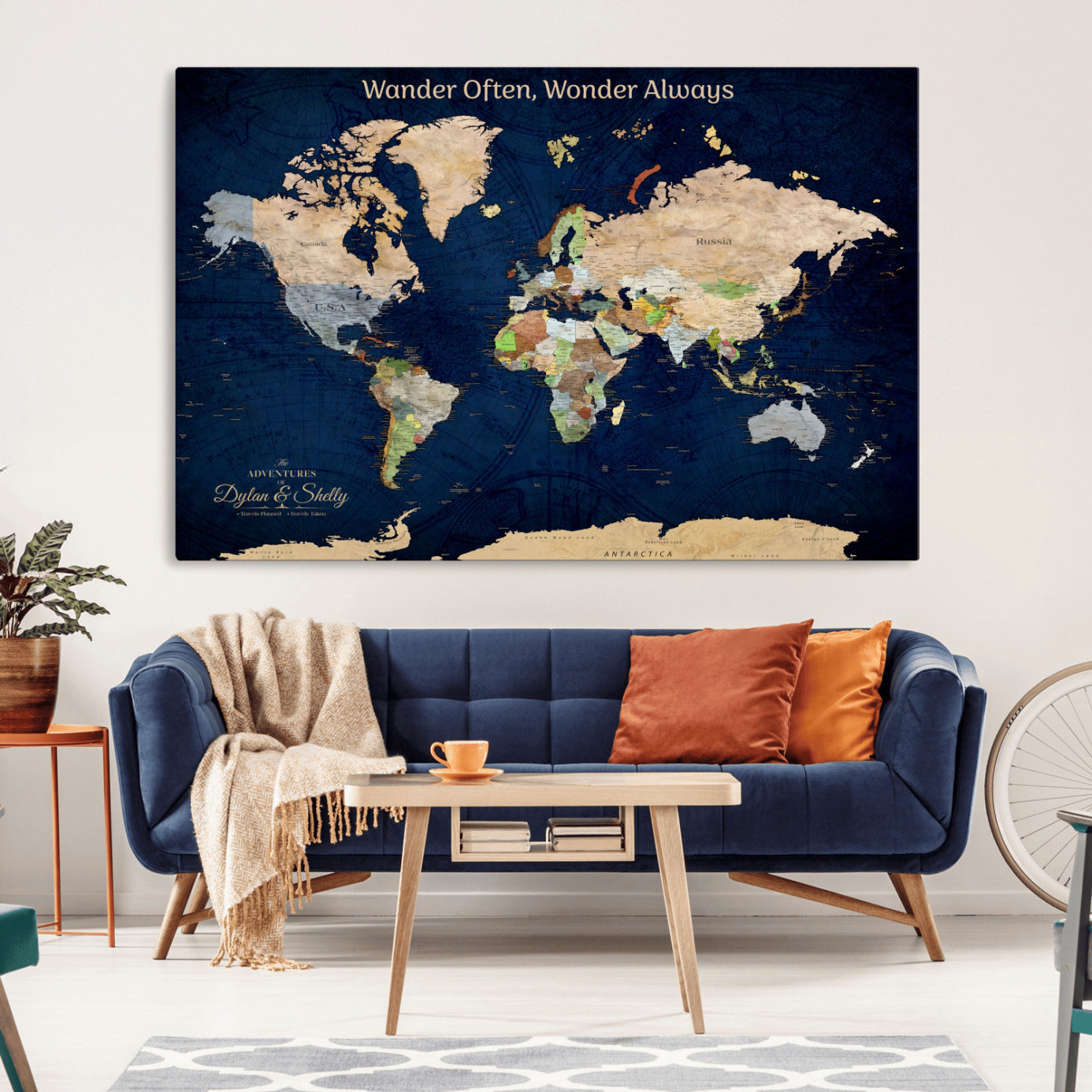 Rehber01-MGV-CV-36X24-Personalized World Map Canvas – Custom Framed Push Pin Travel Map Wall Art, Navy Blue Vintage Gift for Couples and Adventurers