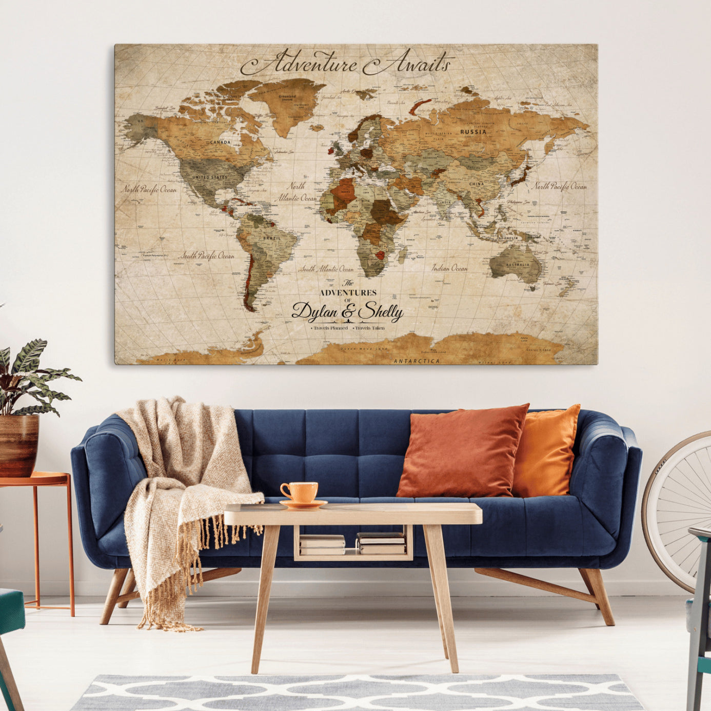 Rehber01-MGV-CV-36X24-Personalized Push Pin World Map Canvas Print – Custom Adventure Travel Map, Framed Wall Art Gift for Couples or Family