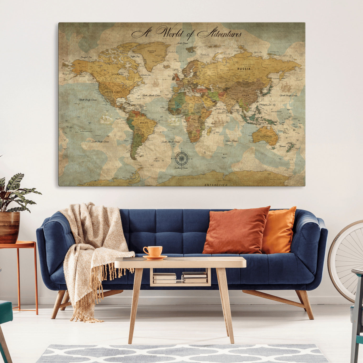 Rehber01-MGV-CV-36X24-Personalized World Map Canvas – Custom Framed Push Pin Travel Map Wall Art, Vintage Style Gift for Couples or Families