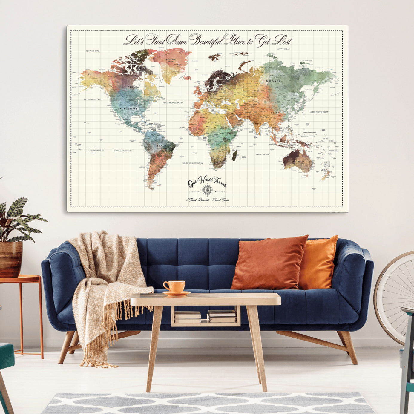 -Personalized Push Pin World Map Canvas Print – Custom Adventure Travel Tracker Map, Framed Wall Art Gift for Couples or Family