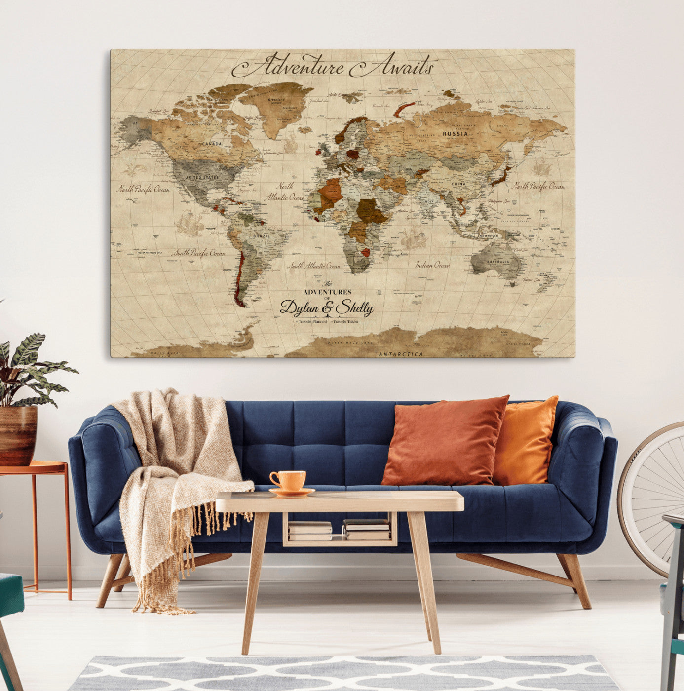 Rehber01-MGV-CV-36X24-Personalized World Map Canvas – Custom Framed Push Pin Travel Map Wall Art with Names, Vintage Style Gift for Couples