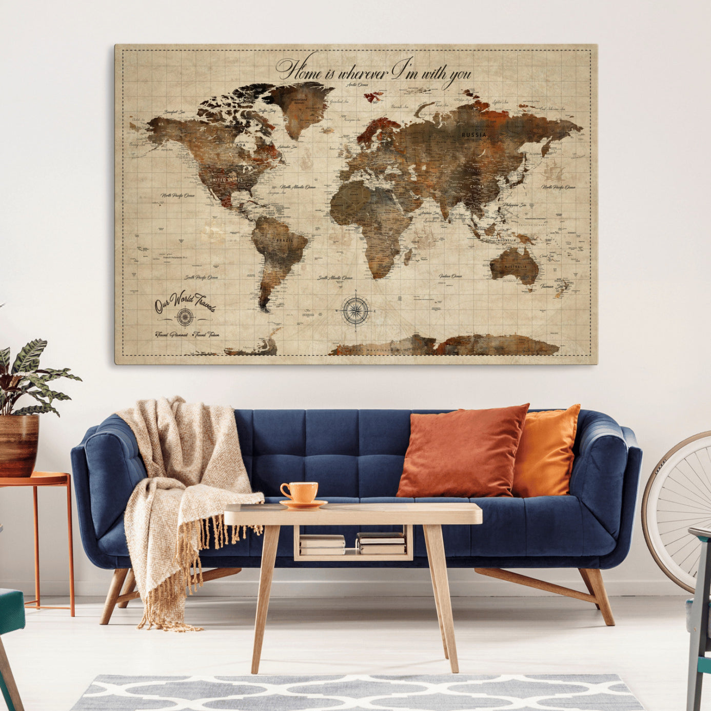 Rehber01-MGV-CV-36X24-Personalized World Map Wall Art – Customizable Push Pin Framed Canvas Print Unique Travel Decor for Home, Office