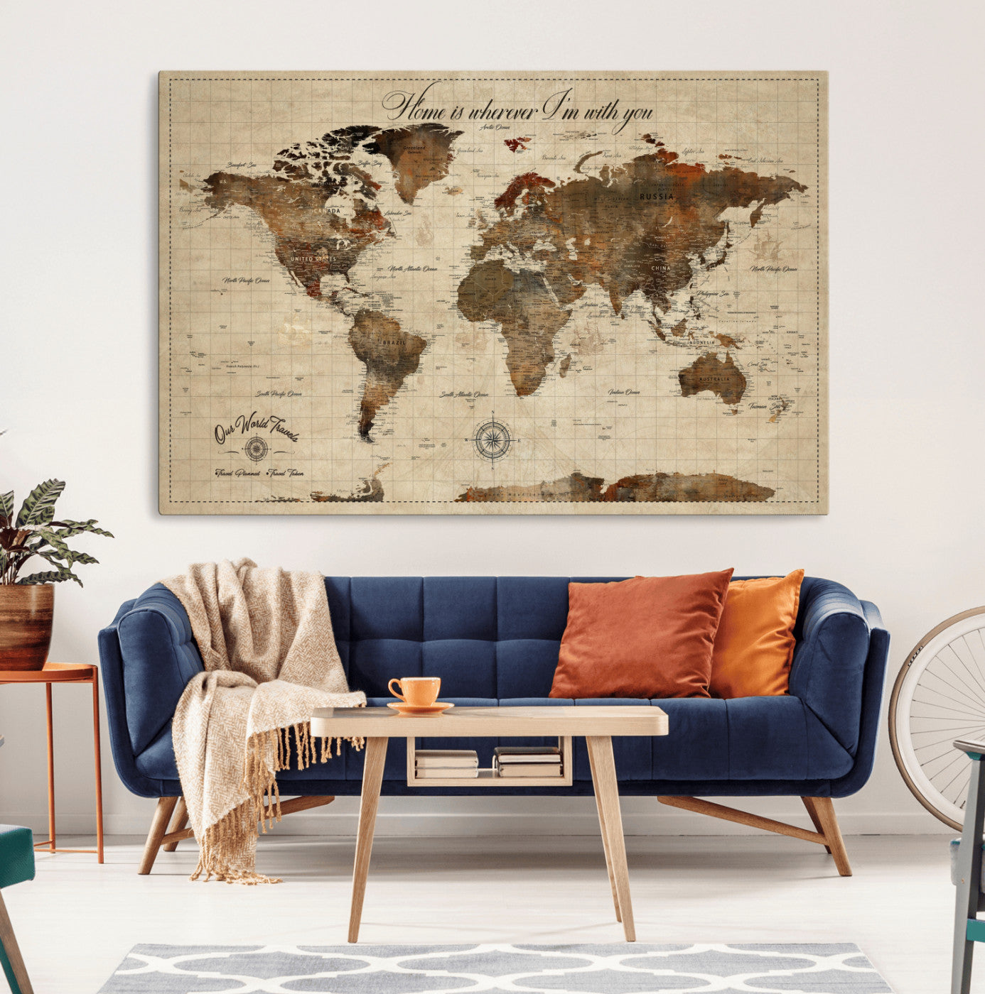 Rehber01-MGV-CV-36X24-Personalized World Map Print, Customizable Push Pin Framed World Map Print on Canvas - Custom Quote