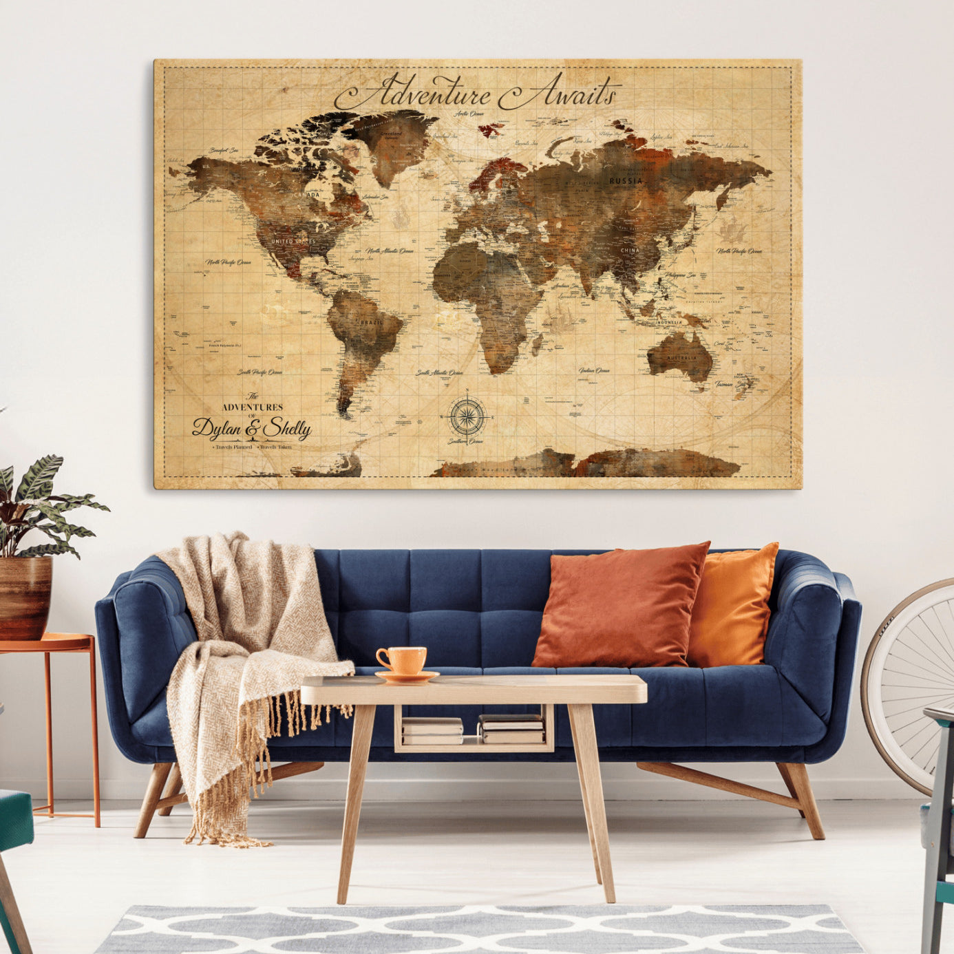 Rehber01-MGV-CV-36X24-Personalized World Map Canvas Wall Art – Custom Framed Push Pin Travel Tracker Print, Unique Gift for Home or Office Decor