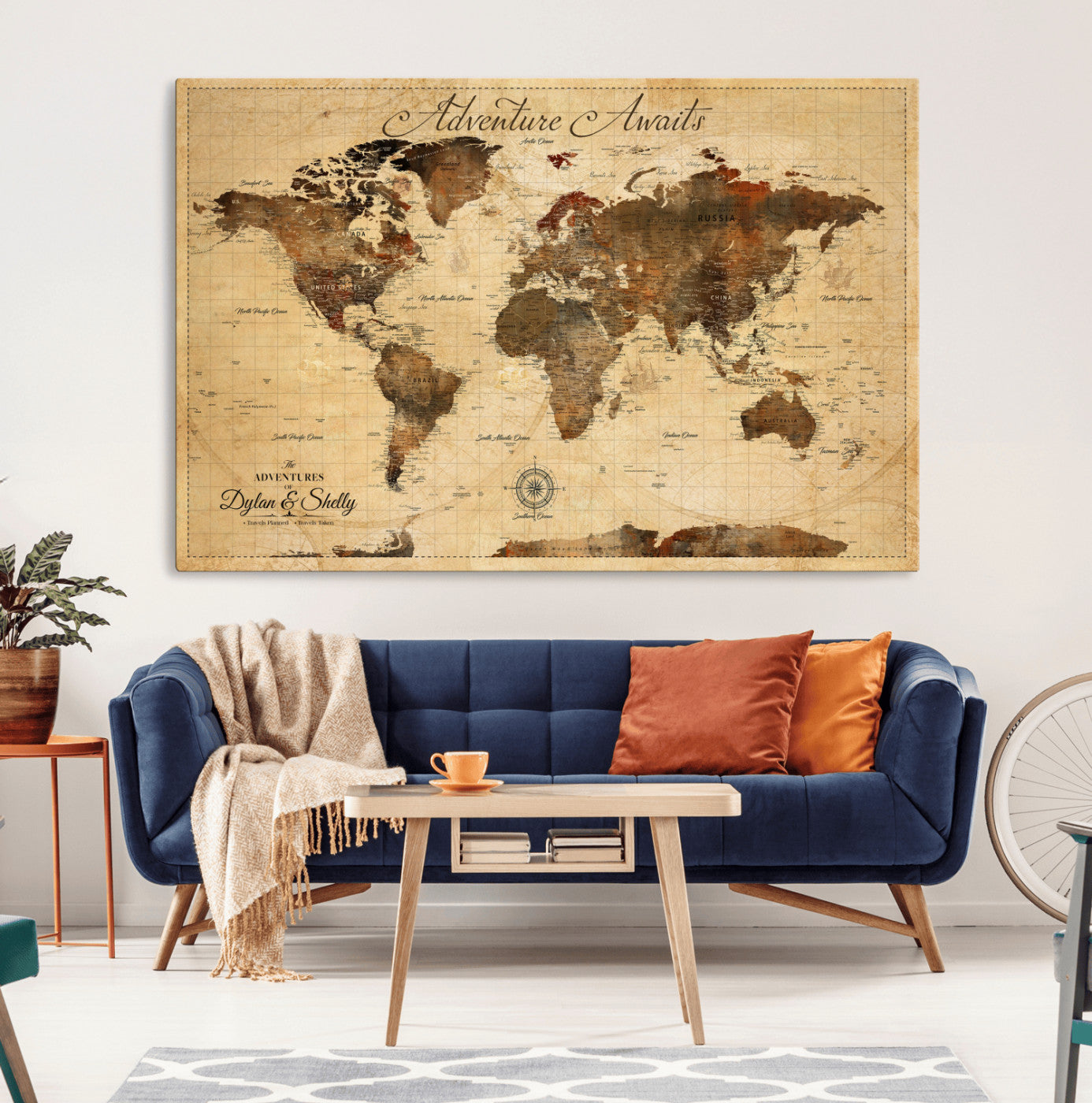 Rehber01-MGV-CV-36X24-Personalized World Map Canvas Wall Art – Custom Framed Push Pin Travel Tracker Print, Unique Gift for Home or Office Decor
