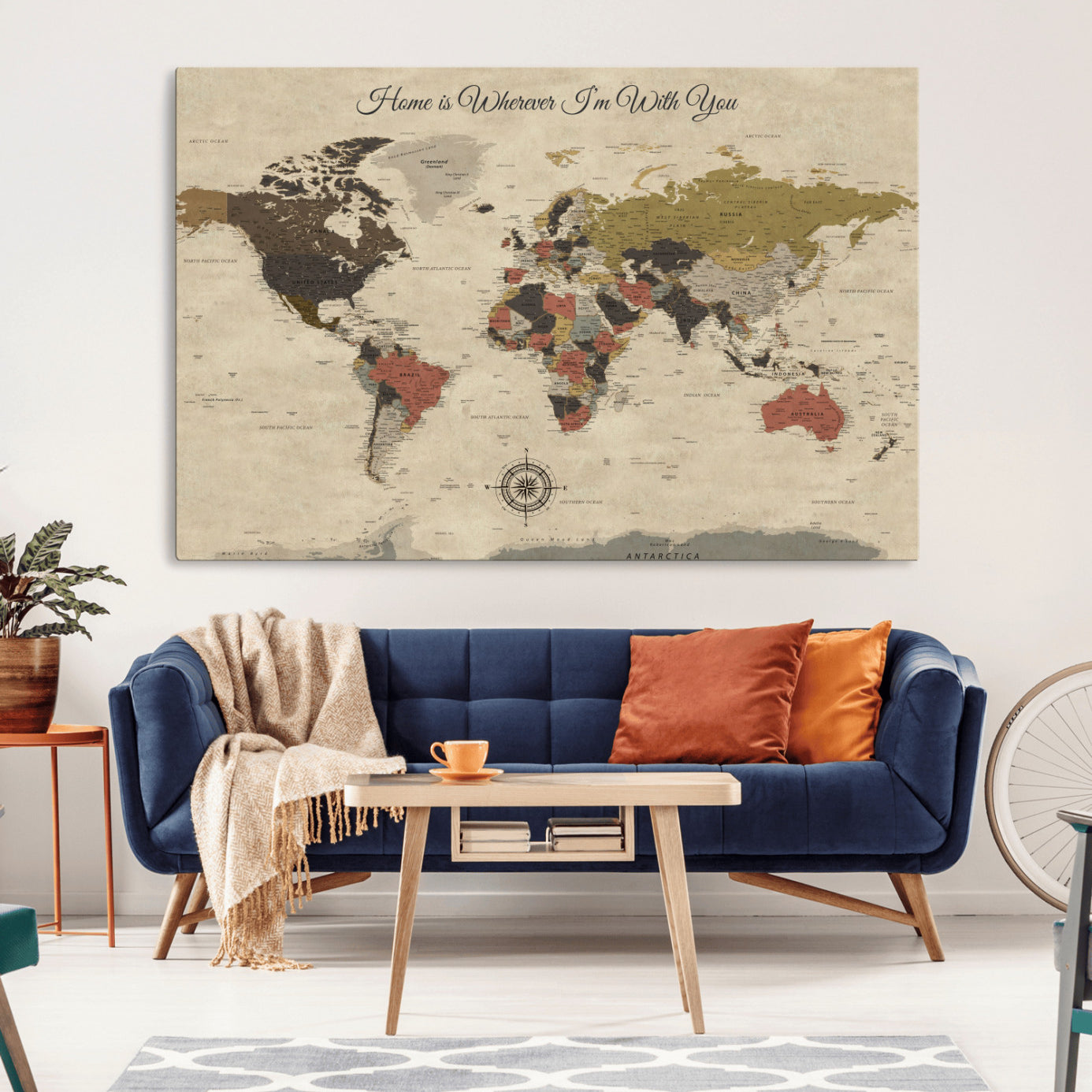 Rehber01-MGV-CV-36X24-Personalized World Map Wall Art Canvas Print – Customizable Push Pin Framed Travel Map Artwork for Home Office