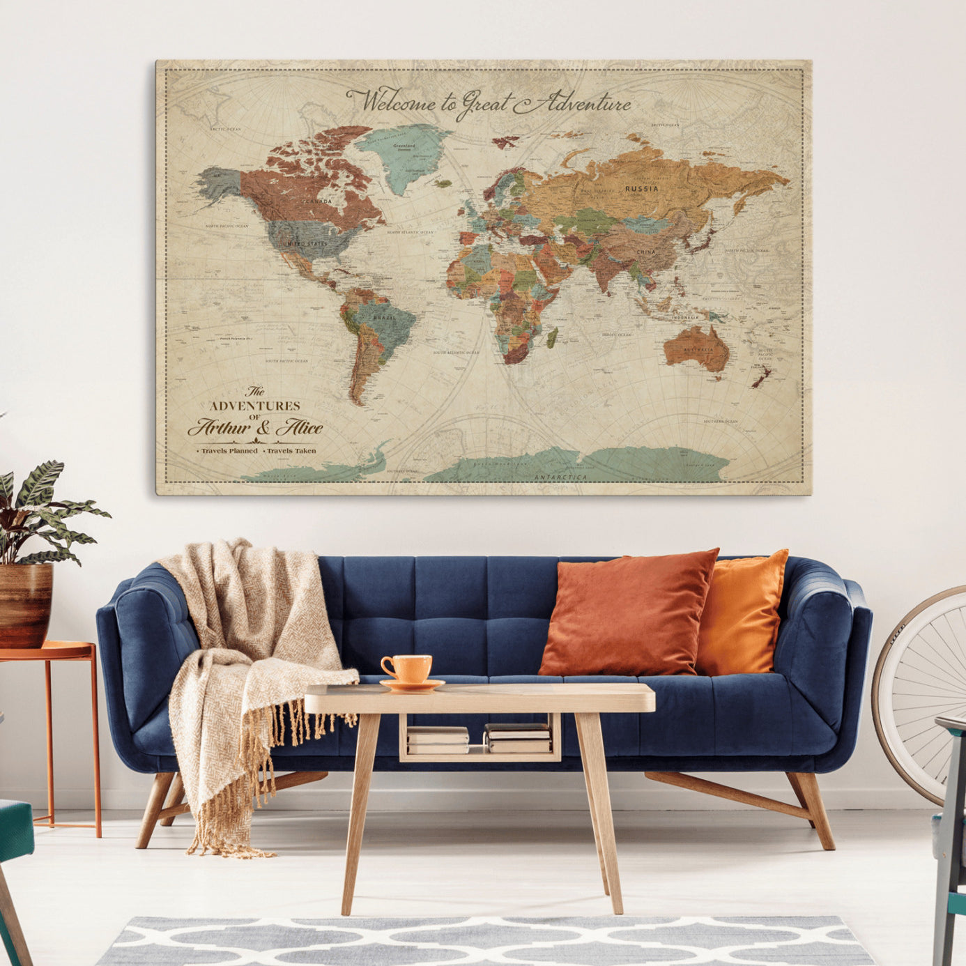 -Personalized World Map Canvas Wall Art – Custom Framed Push Pin Travel Tracker Print, Unique Gift for Home or Office Decor