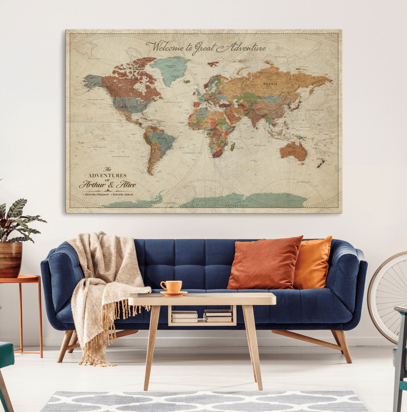 Rehber01-MGV-CV-36X24-Personalized World Map Canvas Wall Art – Custom Framed Push Pin Travel Tracker Print, Unique Gift for Home or Office Decor