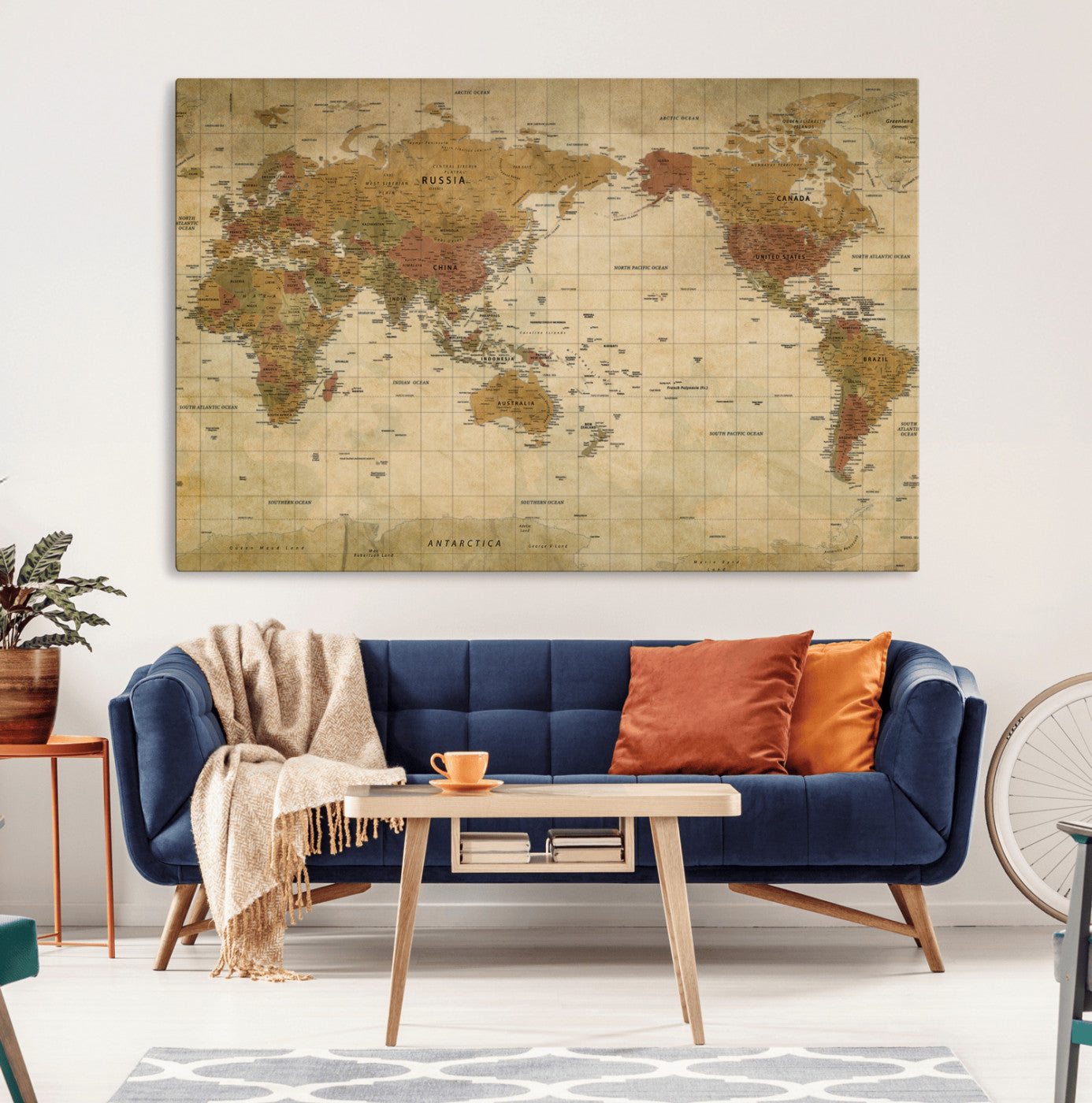 Rehber01-MGV-CV-36X24-Vintage Push Pin World Map Canvas Print – Framed Rustic Travel Tracker Wall Art for Home, Office, or Explorer Decor