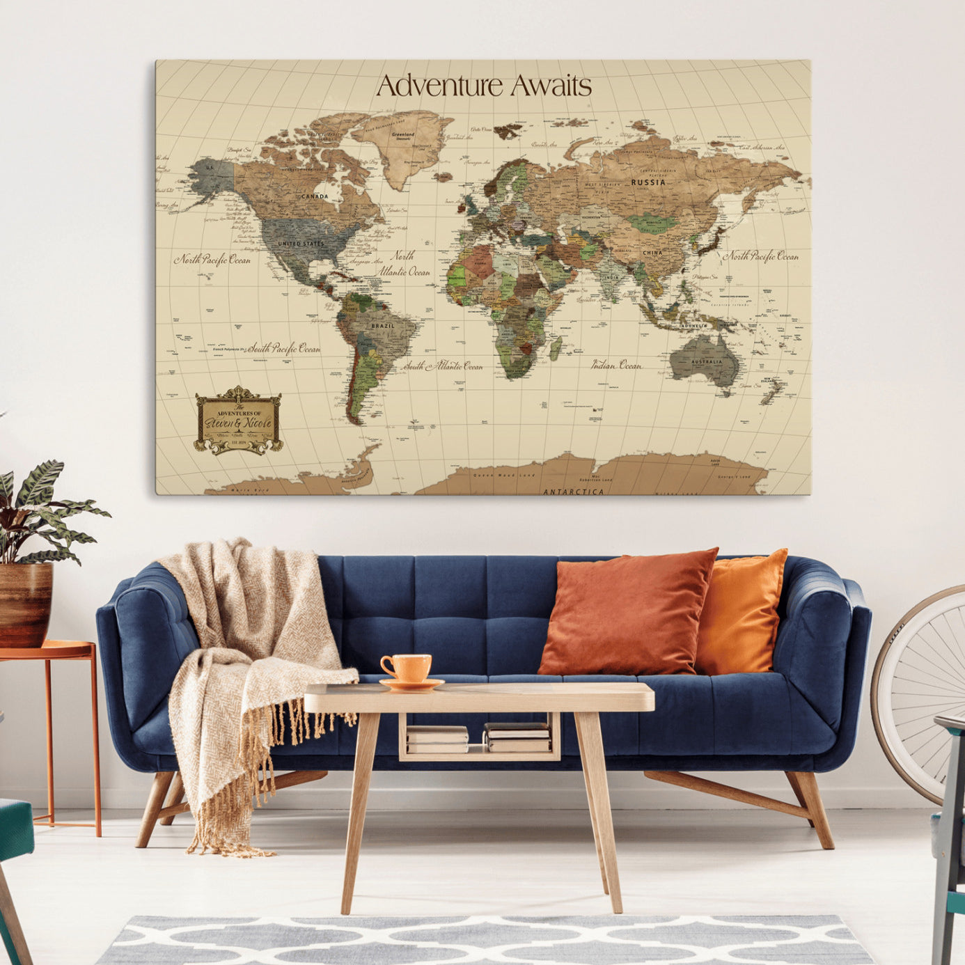 Rehber01-MGV-CV-36X24-Custom Push Pin World Map Wall Art Canvas Print – Personalized Travel Tracker Adventure Destination Gift for Home Office