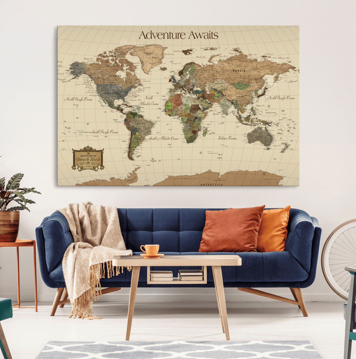 Rehber01-MGV-CV-36X24-Custom Push Pin World Map Wall Art Canvas Print – Personalized Travel Tracker Adventure Destination Gift for Home Office
