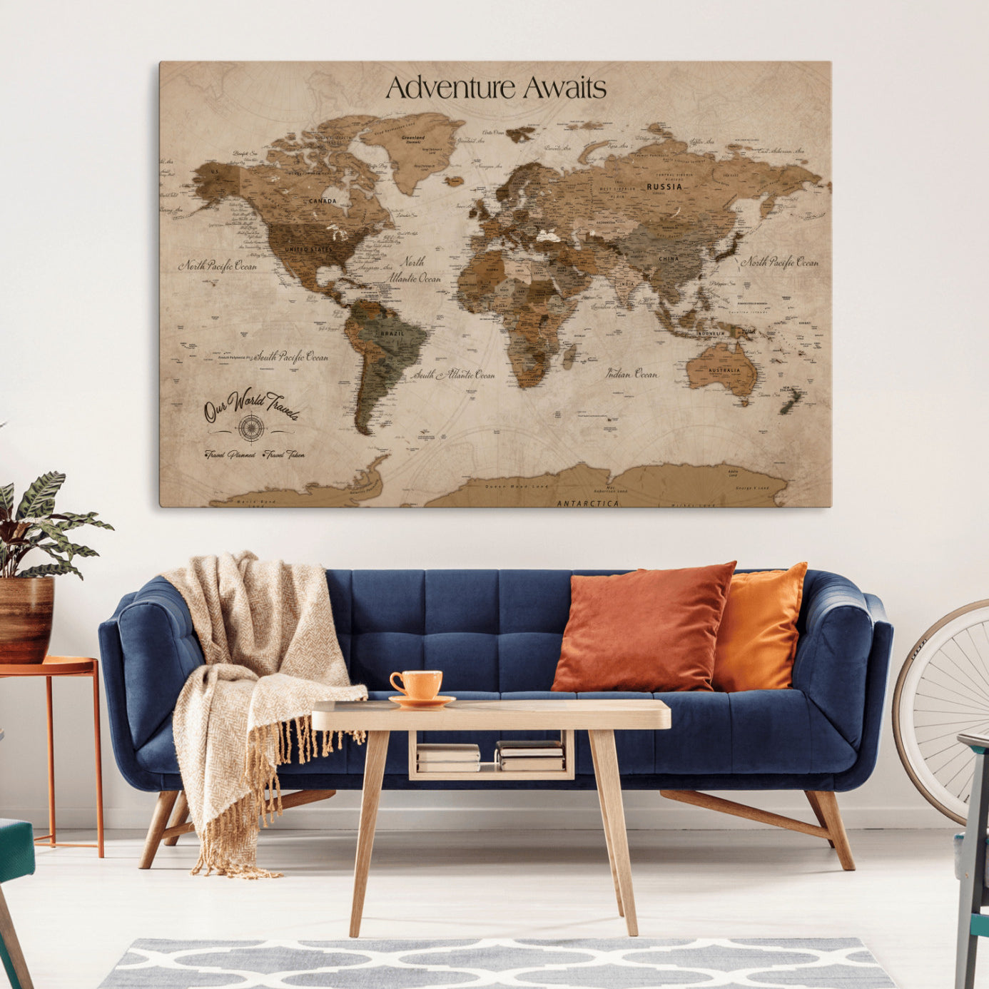 Rehber01-MGV-CV-36X24-Personalized Framed World Map Wall Art Canvas – Custom Push Pin Travel Map with 100 Pins Foam Backing for Home Office