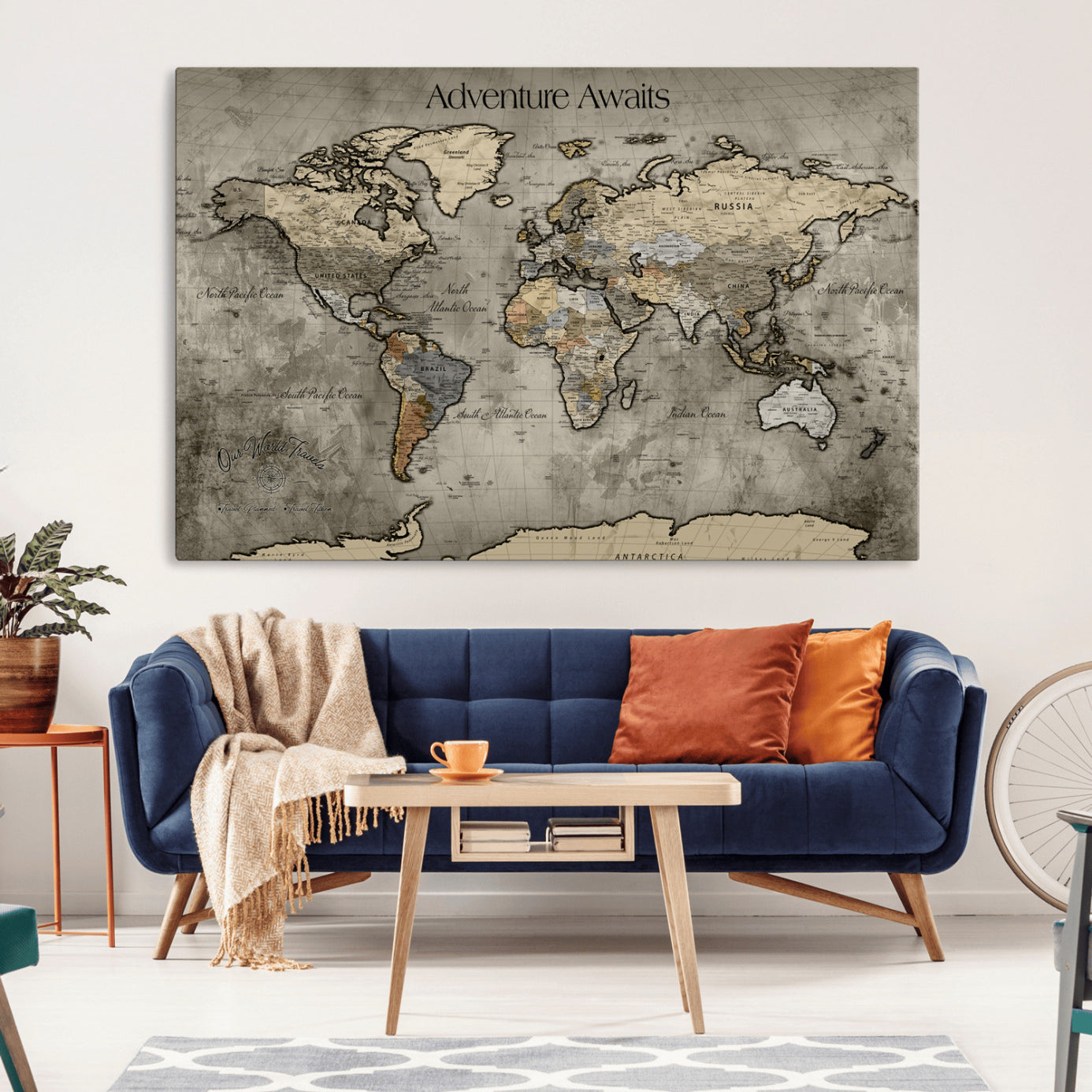 Rehber01-MGV-CV-36X24-Personalized World Map Wall Art Canvas Print – Custom Push Pin Travel Tracker Artwork for Home, Office, Living Room