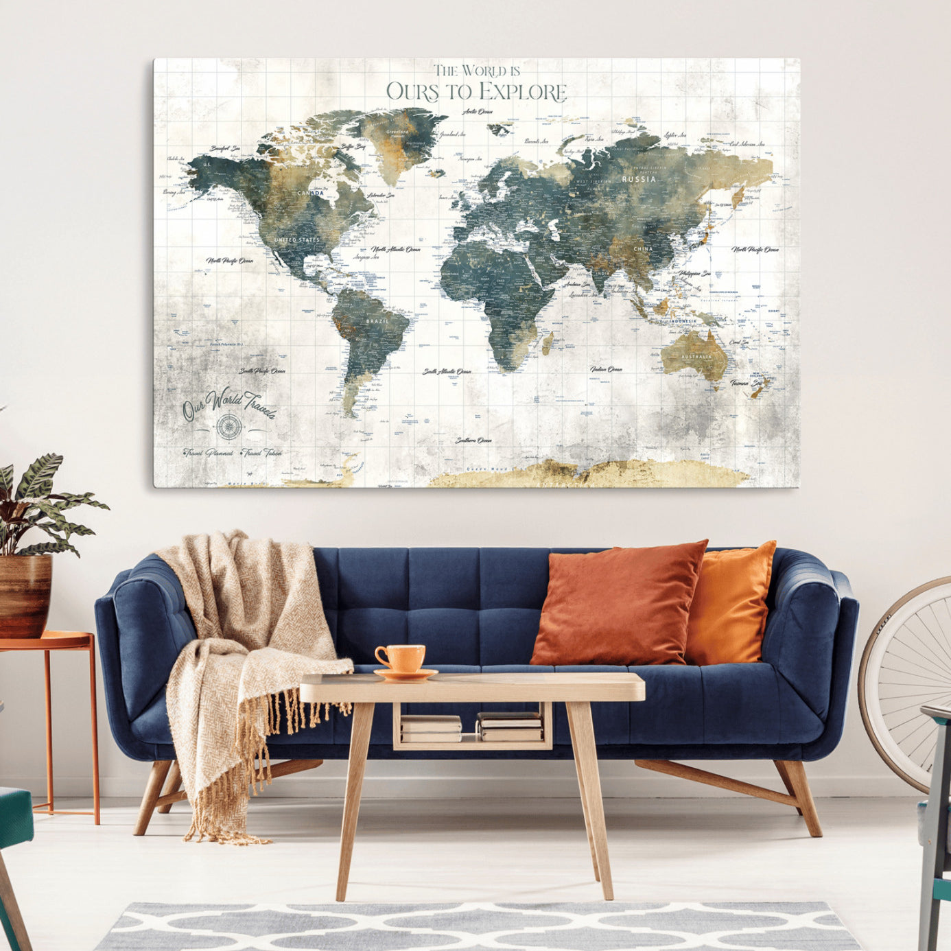 -Custom Push Pin World Map Wall Art Canvas Print – Adventure Travel Tracker Map with Pins Artwork for Home Office