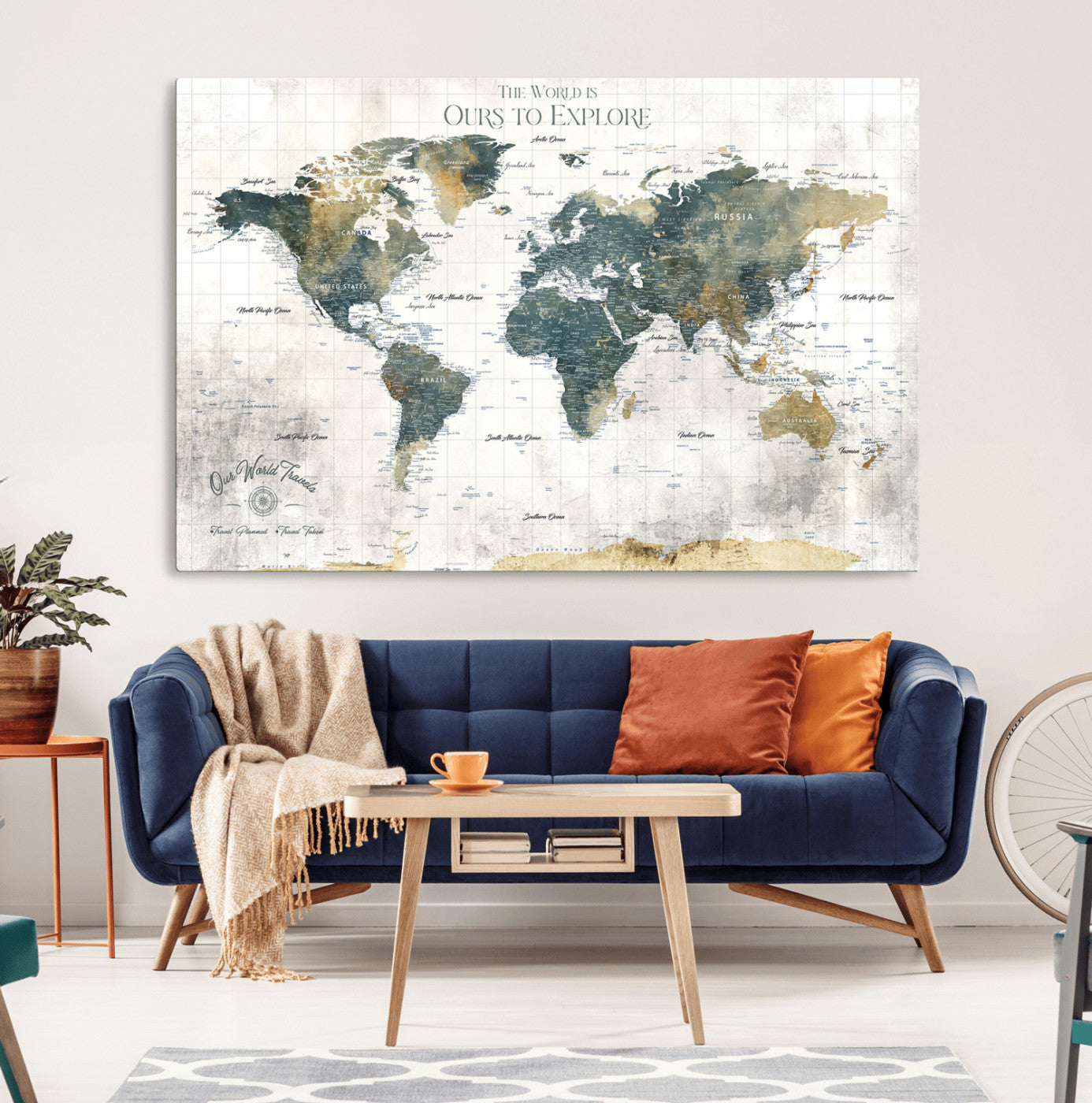 -Custom Push Pin World Map Wall Art Canvas Print – Adventure Travel Tracker Map with Pins Artwork for Home Office