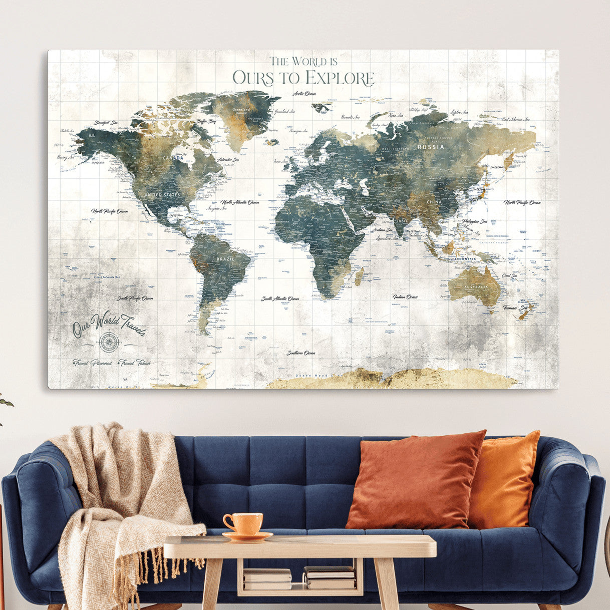 14988581-MGV-CV-36X24 - Custom Push Pin World Map Wall Canvas Print – Personalized Travel Tracker with Pins – Framed Custom Quotie Canvas for Home Office Decor