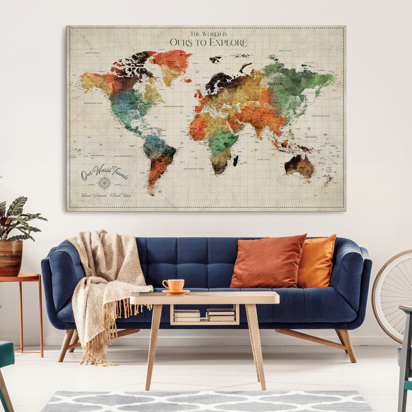 Rehber01-MGV-CV-36X24-Custom Push Pin World Map Wall Art Canvas Print – Personalized Travel Tracker Map Framed Artwork for Home Office