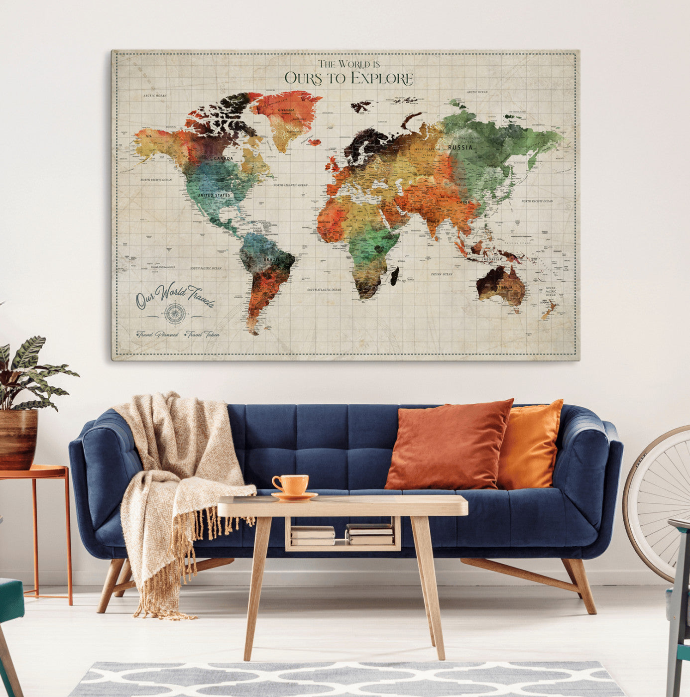 Rehber01-MGV-CV-36X24-Custom Push Pin World Map Wall Art Canvas Print – Personalized Travel Tracker Map Framed Artwork for Home Office