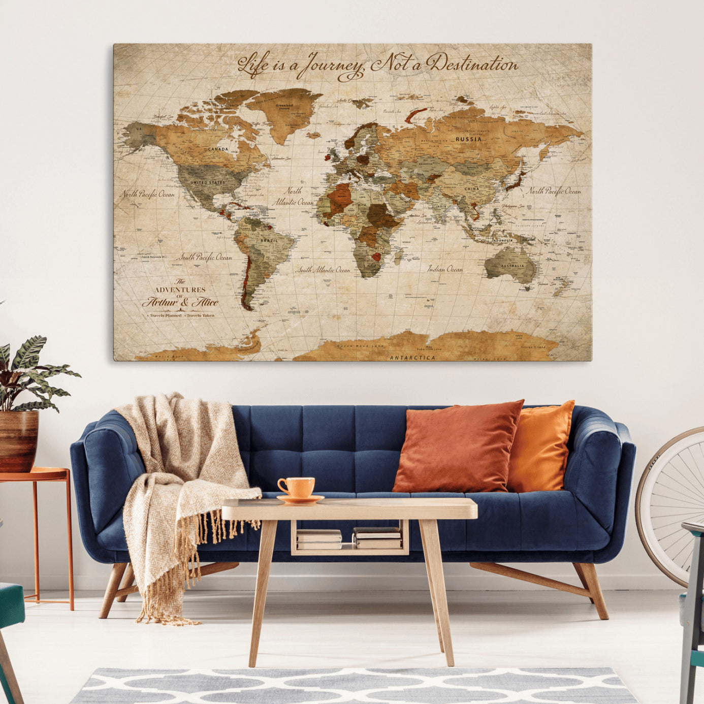 Rehber01-MGV-CV-36X24-Personalized Vintage World Map Canvas – Custom Framed Push Pin Travel Map Wall Art, Rustic Gift for Couples and Travel Lovers