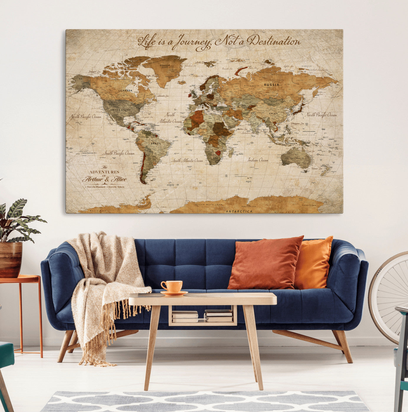 79036691-MGV-CV-36X24-Personalized World Map Canvas Wall Art – Custom Framed Push Pin Travel Tracker Print, Unique Gift for Home or Office Decor
