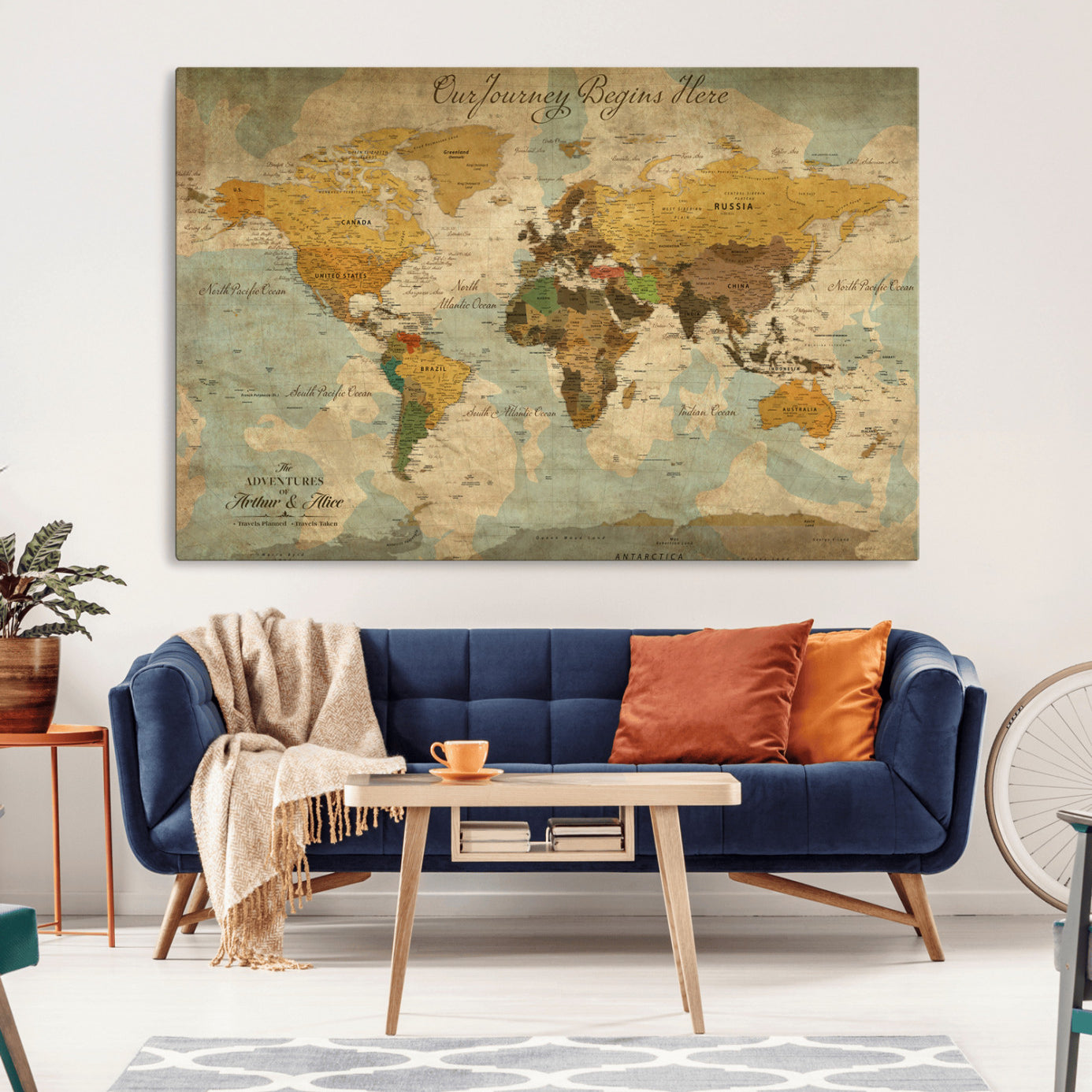 40572820-MGV-CV-36X24-Personalized World Map Canvas – Custom Framed Push Pin Travel Map Wall Art, Vintage Style Gift for Couples