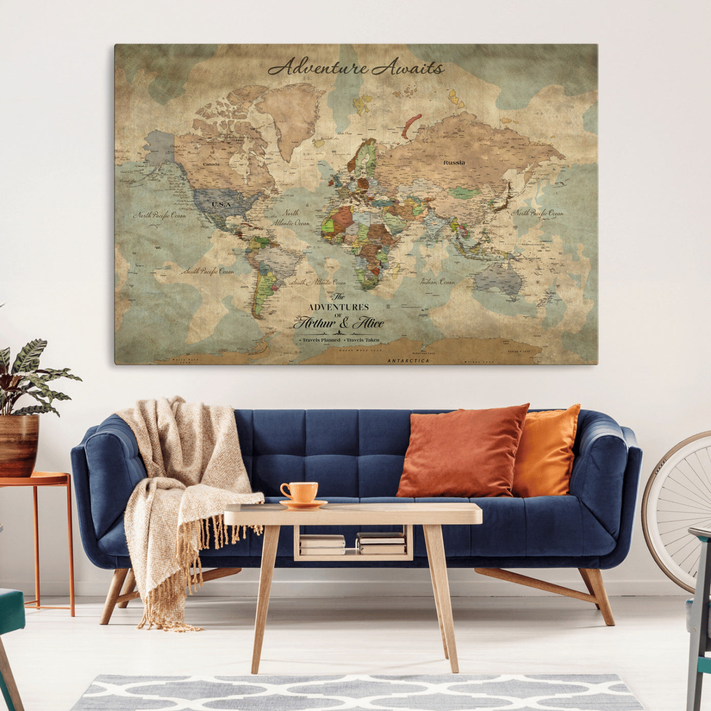 Rehber01-MGV-CV-36X24-Personalized Vintage World Map Canvas Print – Custom Push Pin Travel Map Antique Style Gift for Couples Travelers for Home Office