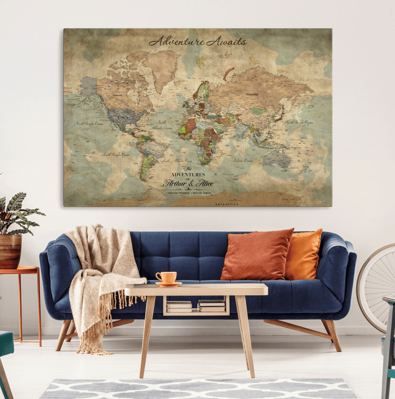 Rehber01-MGV-CV-36X24-Personalized Vintage World Map Canvas Print – Custom Push Pin Travel Map Antique Style Gift for Couples Travelers for Home Office