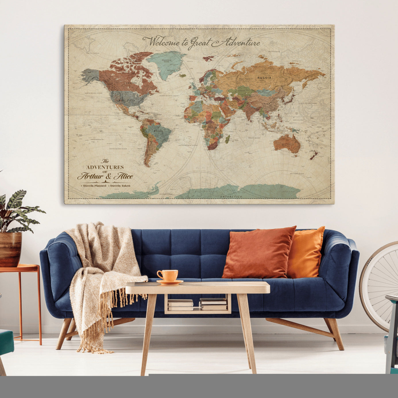 Rehber01-MGV-CV-36X24-Personalized Antique World Map Canvas Print – Custom Push Pin Travel Map Vintage Gift for Couples Explorers for Home, Office