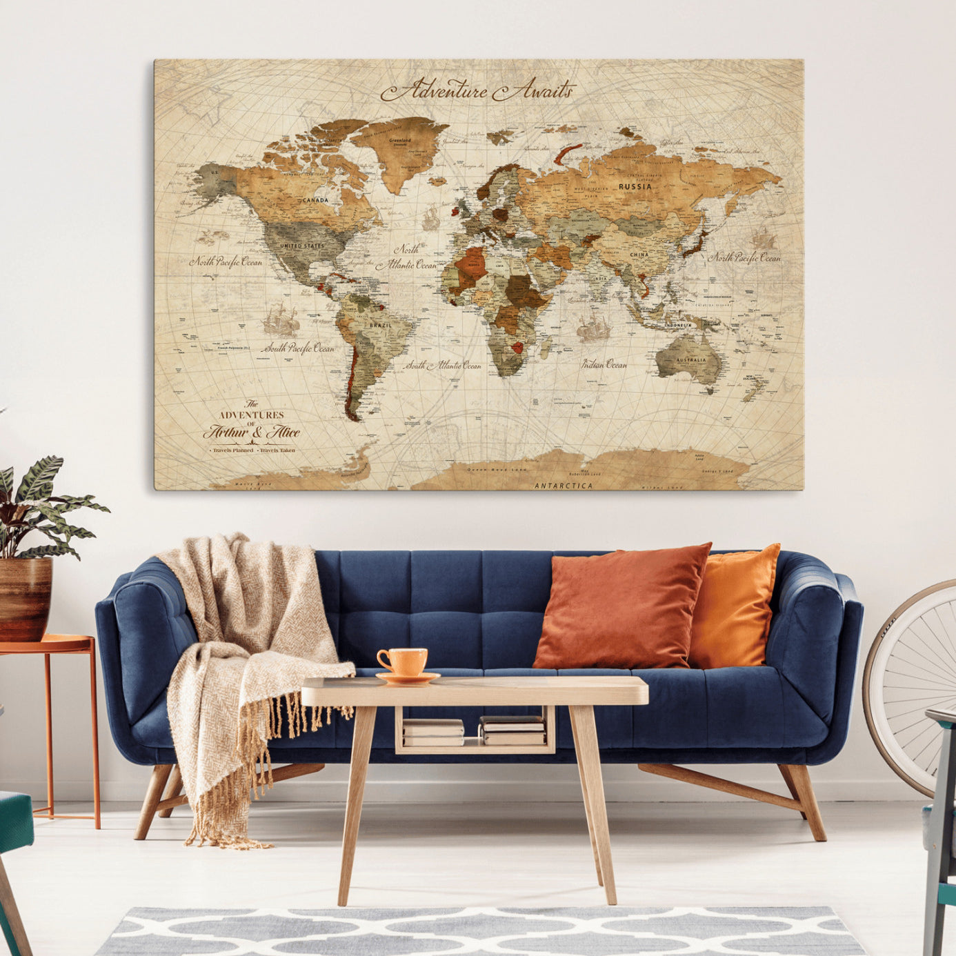 Rehber01-MGV-CV-36X24-Customizable Framed World Map Canvas Print – Personalized Push Pin Travel Map Gift for Couples Explorers for Home, Office