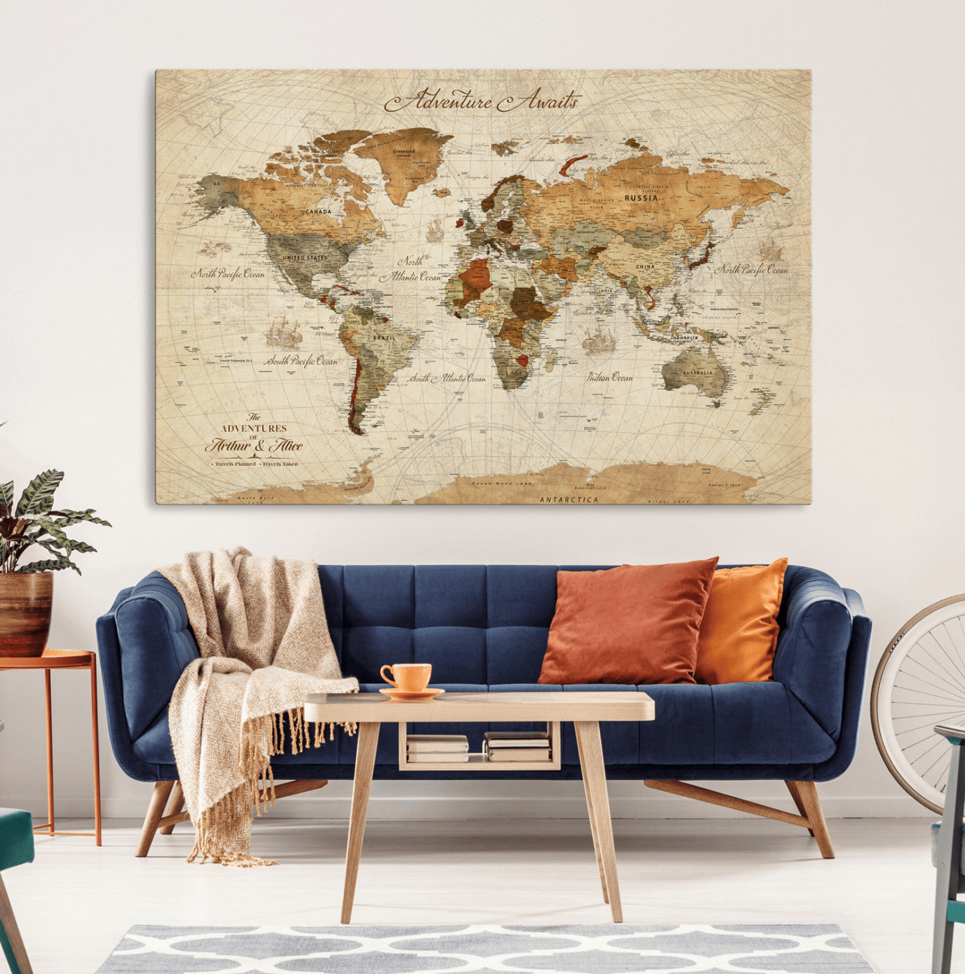 Rehber01-MGV-CV-36X24-Customizable Framed World Map Canvas Print – Personalized Push Pin Travel Map Gift for Couples Explorers for Home, Office