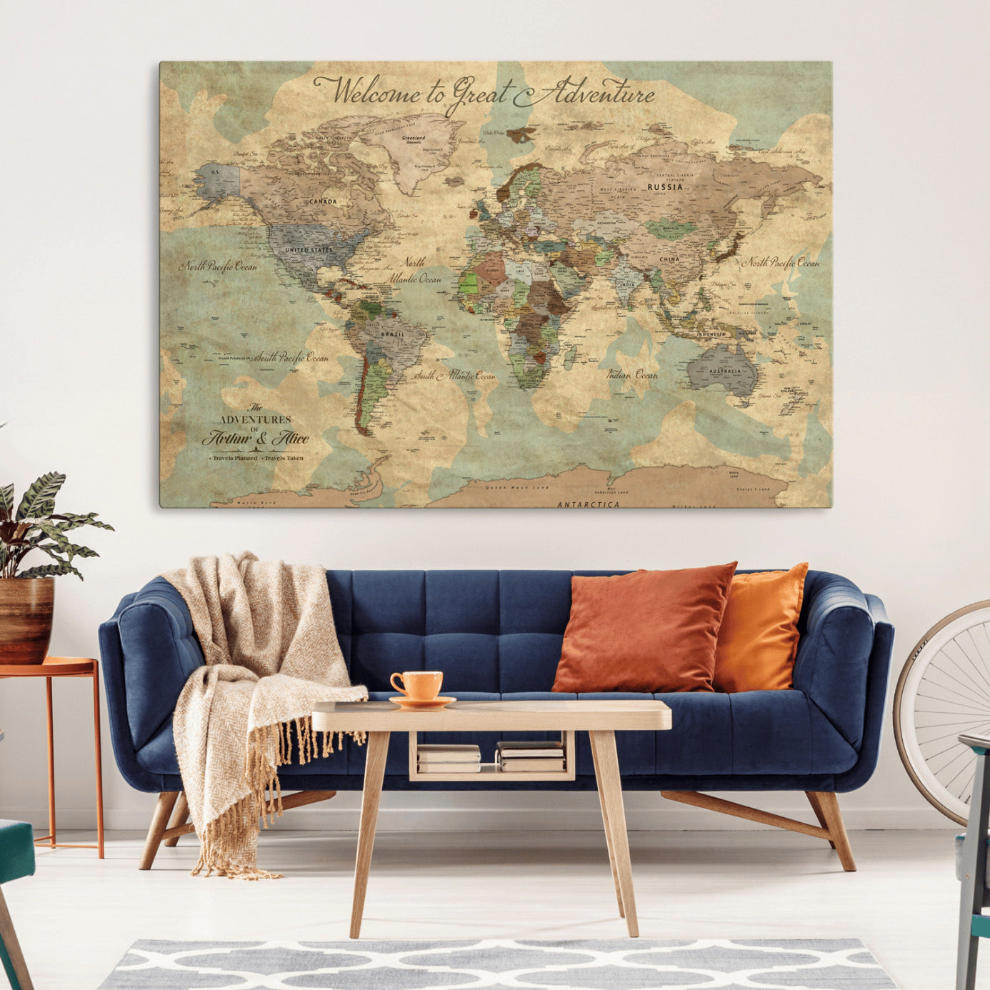Rehber01-MGV-CV-36X24-Personalized World Map Canvas – Custom Framed Push Pin Travel Map Wall Art, Vintage Style Gift for Couples or Families