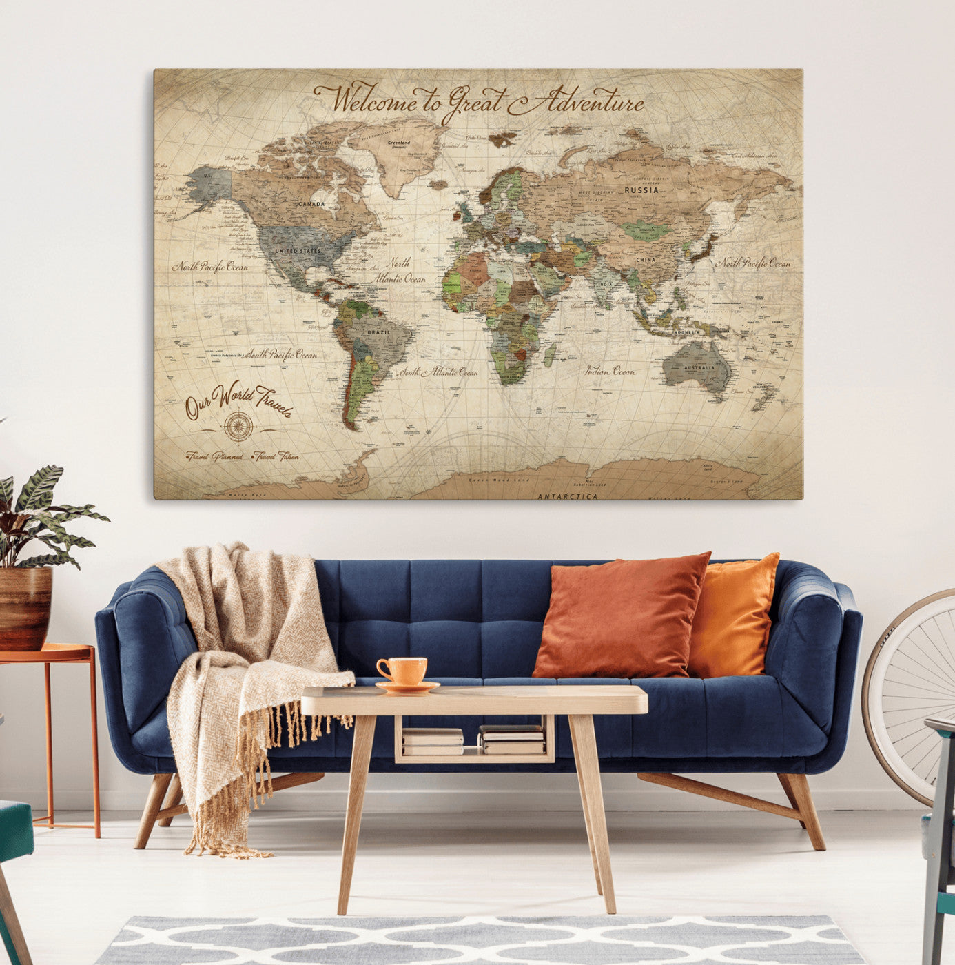 -Personalized Antique World Map Canvas Print – Custom Push Pin Travel Tracker Vintage Adventure Gift for Couples for Home, Office