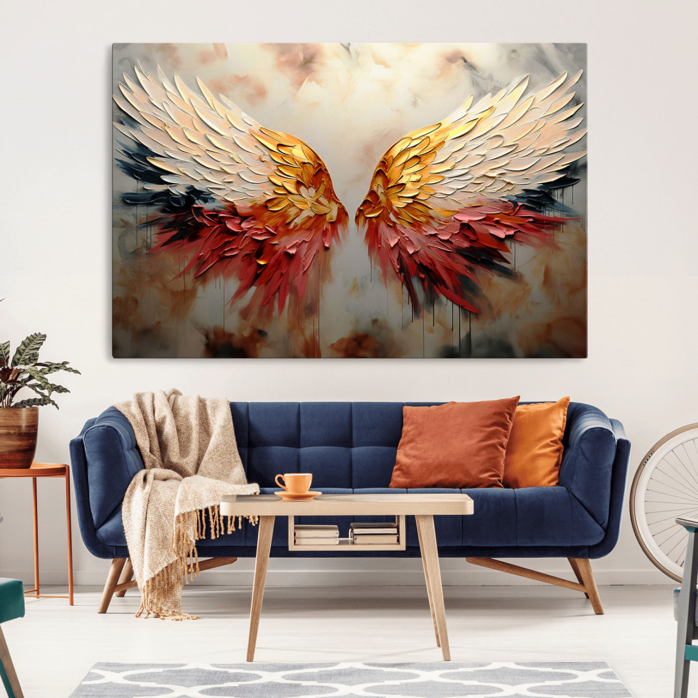 91020932-MGV-CV-36X24-Vibrant Angel Wings Wall Art Canvas Print – Gold Red Abstract Feathered Dreamy Spiritual Decor for Home, Office