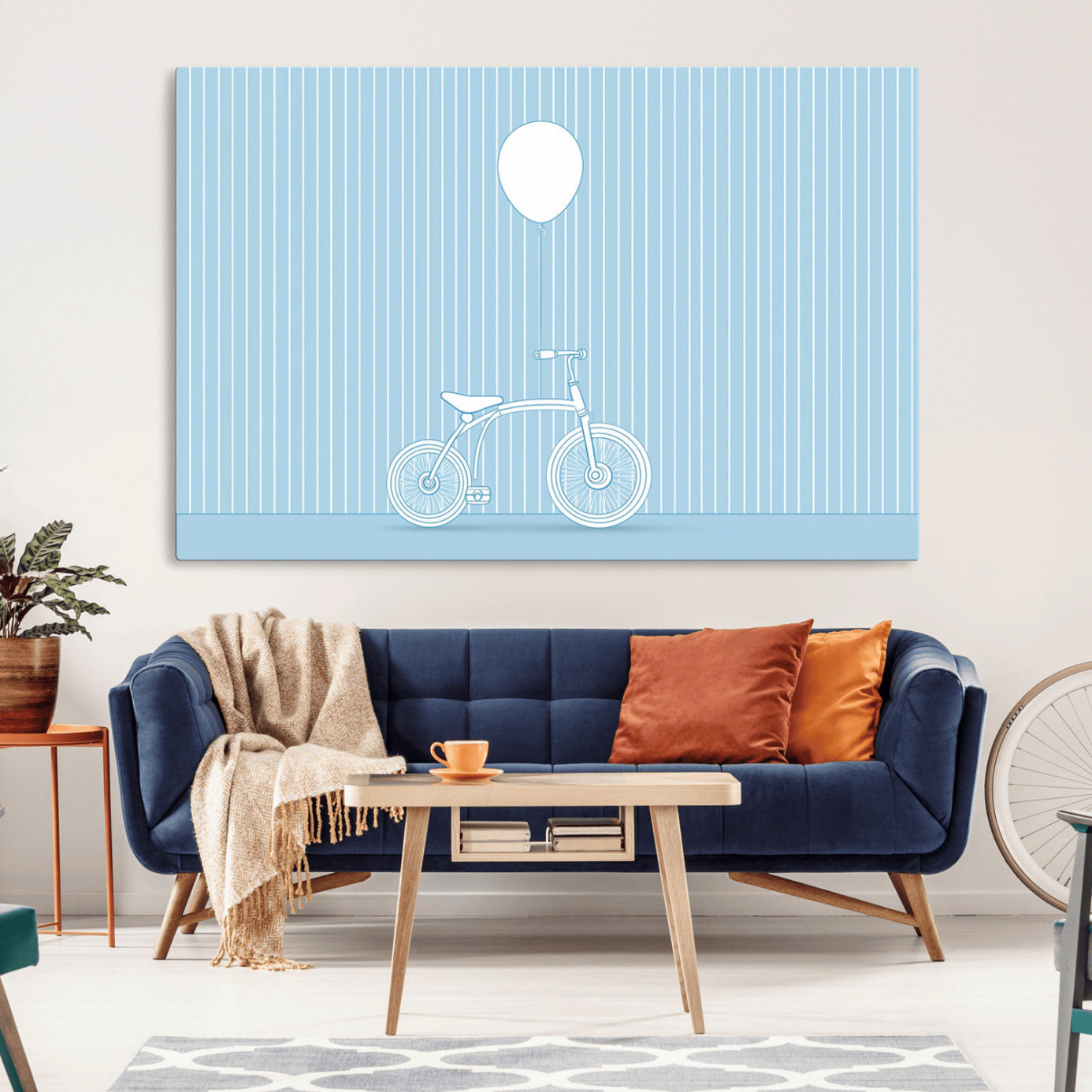 A minimalistic blue line drawing of a bicycle with a balloon floating above it, set against a soft striped background.
