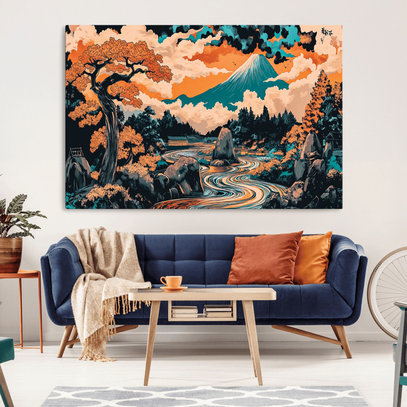 A vibrant Japanese-inspired landscape featuring Mount Fuji, a winding river, and autumn-colored trees under a dramatic sky, in bold and vivid hues.