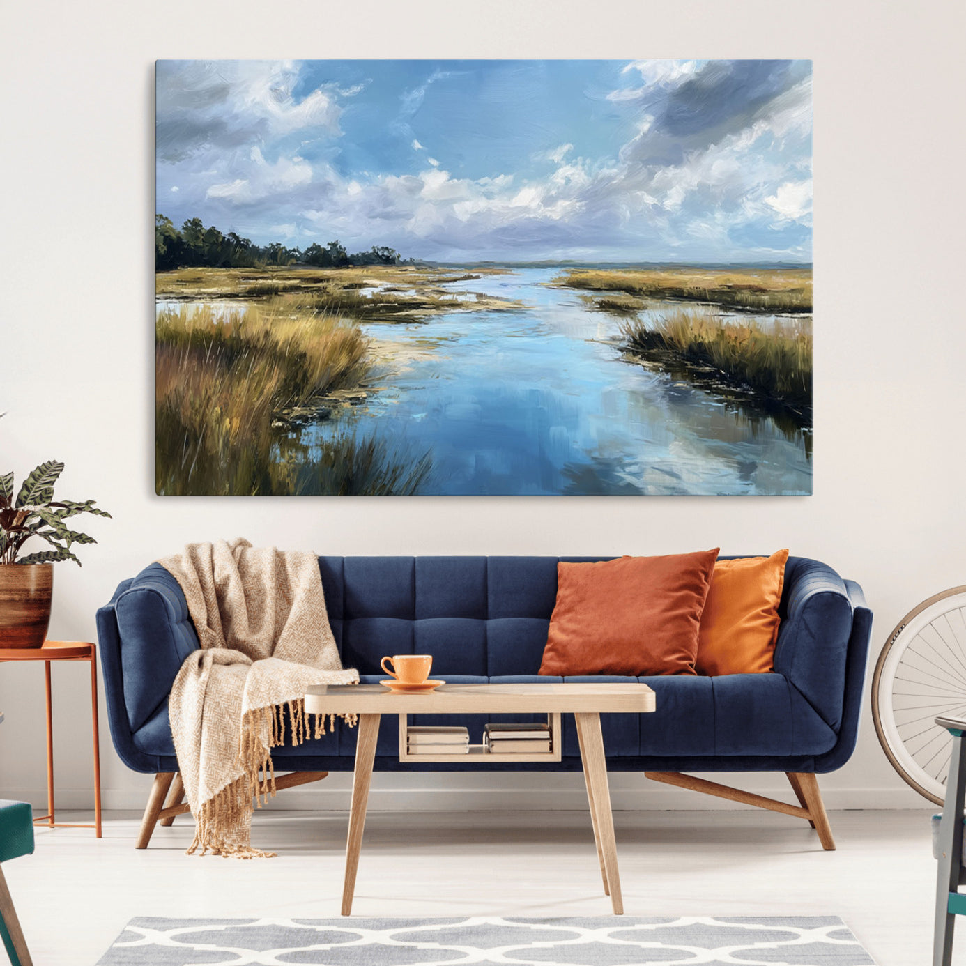 A beautiful, painterly landscape of a calm river winding through a marsh, with vibrant green grasses and a bright blue sky filled with fluffy clouds.