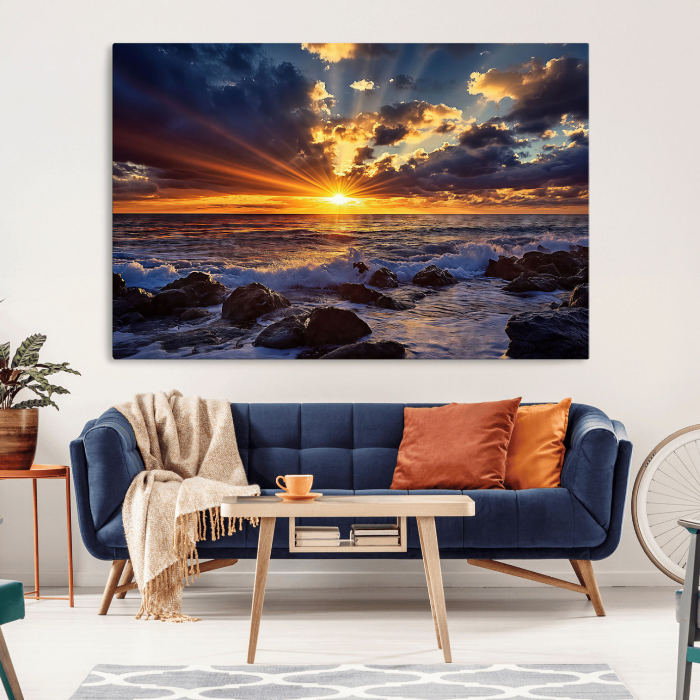 An explosive sunset over the ocean with dramatic clouds and rays of sunlight reflecting off the water, creating a vibrant and captivating view.