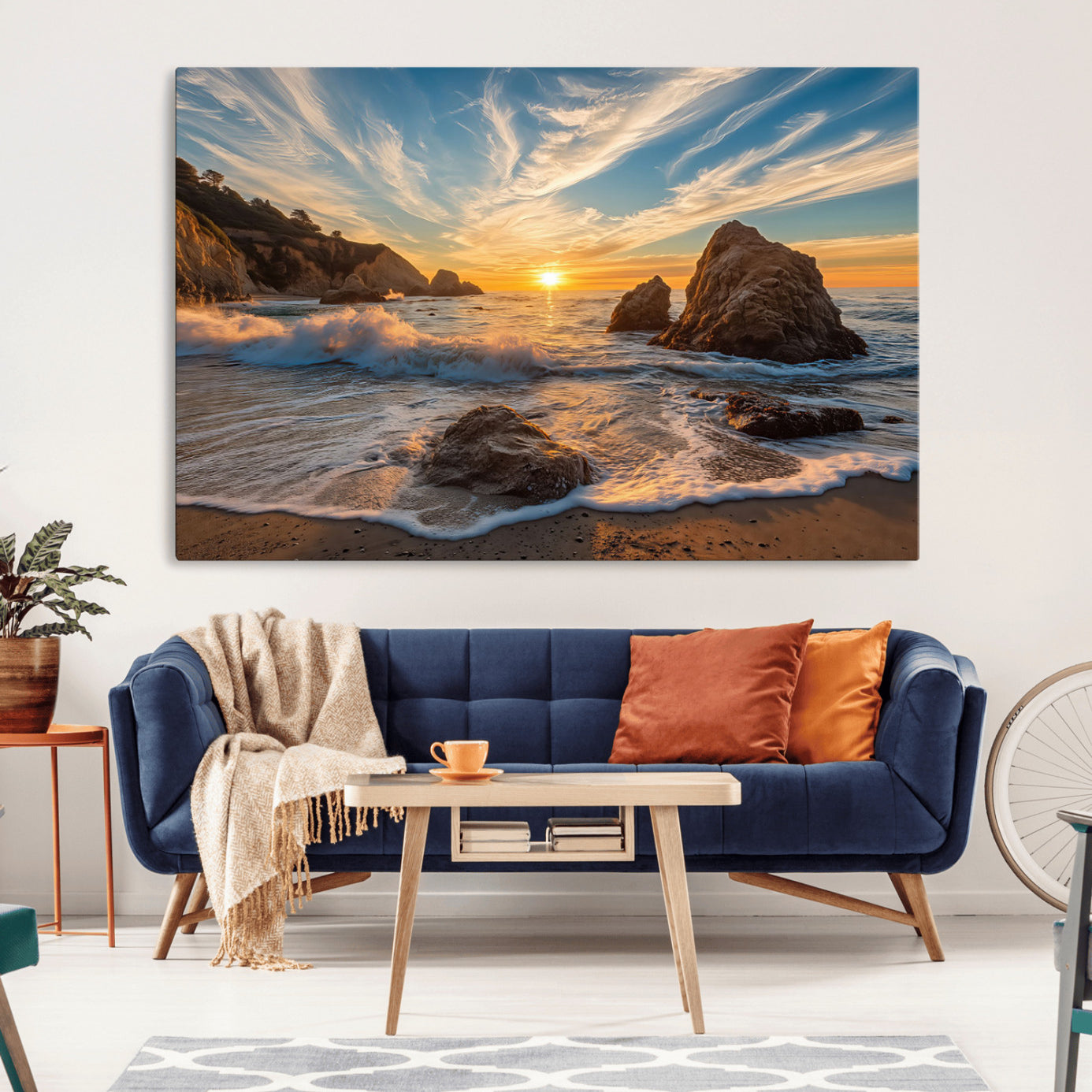 Rocky Ocean Sunset Wall Art Print, Seaside Canvas Wall Art, Dramatic Seascape Canvas Print for Coastal Modern Decor, Ocean Sunset Art Printing