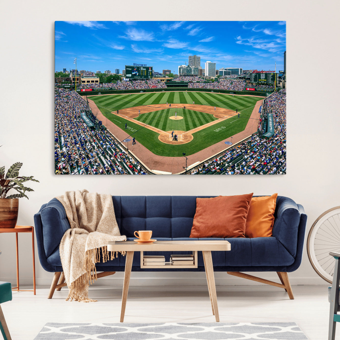 Wrigley Field Baseball Stadium Canvas Wall Art, Packed Crowd Sports Stadium Print, City Skyline Baseball Field Canvas for Game Room Decor