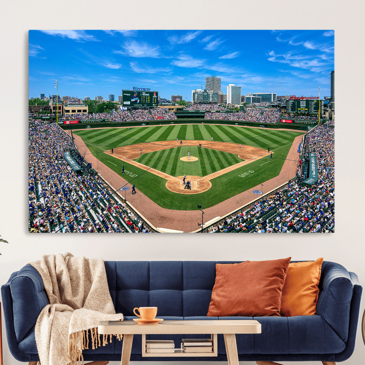 35800083-MGV-CV-36X24 - Wrigley Field Baseball Stadium Canvas Wall Art – Packed Crowd Sports Stadium City Skyline Artwork for Home Office
